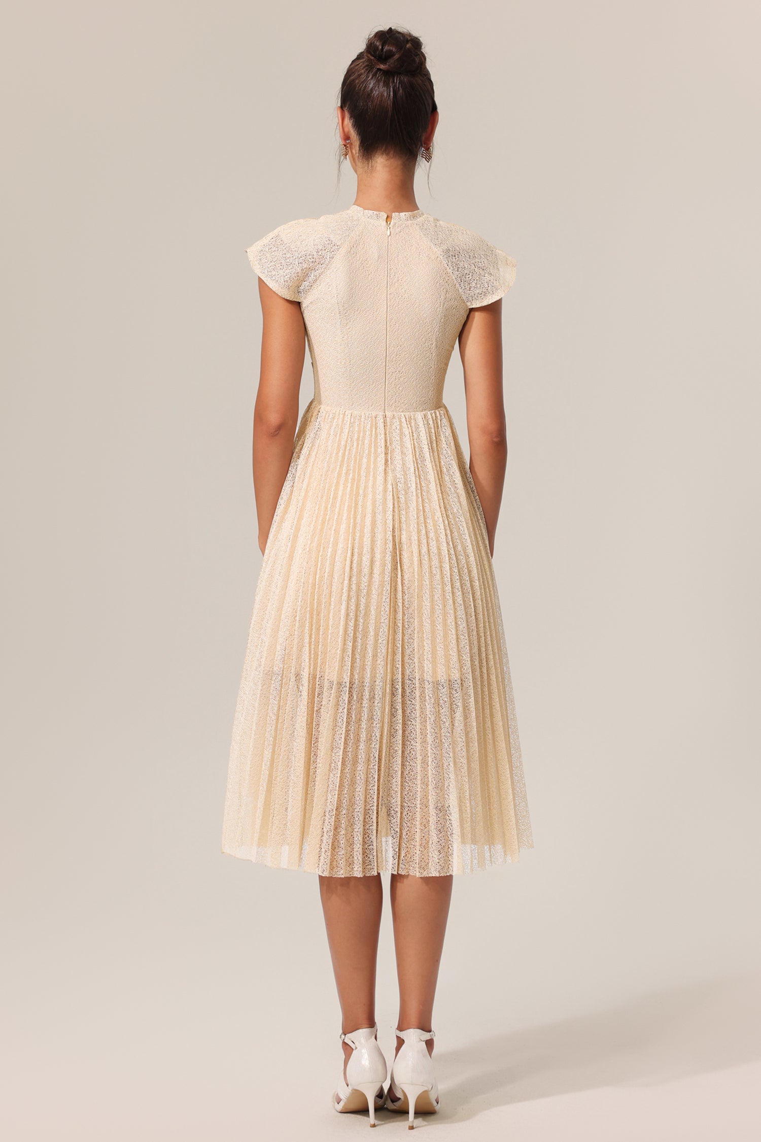 Stormie Round Neck Sleeveless Embroidery Butterfly Flowers Lace Folds Midi Dress