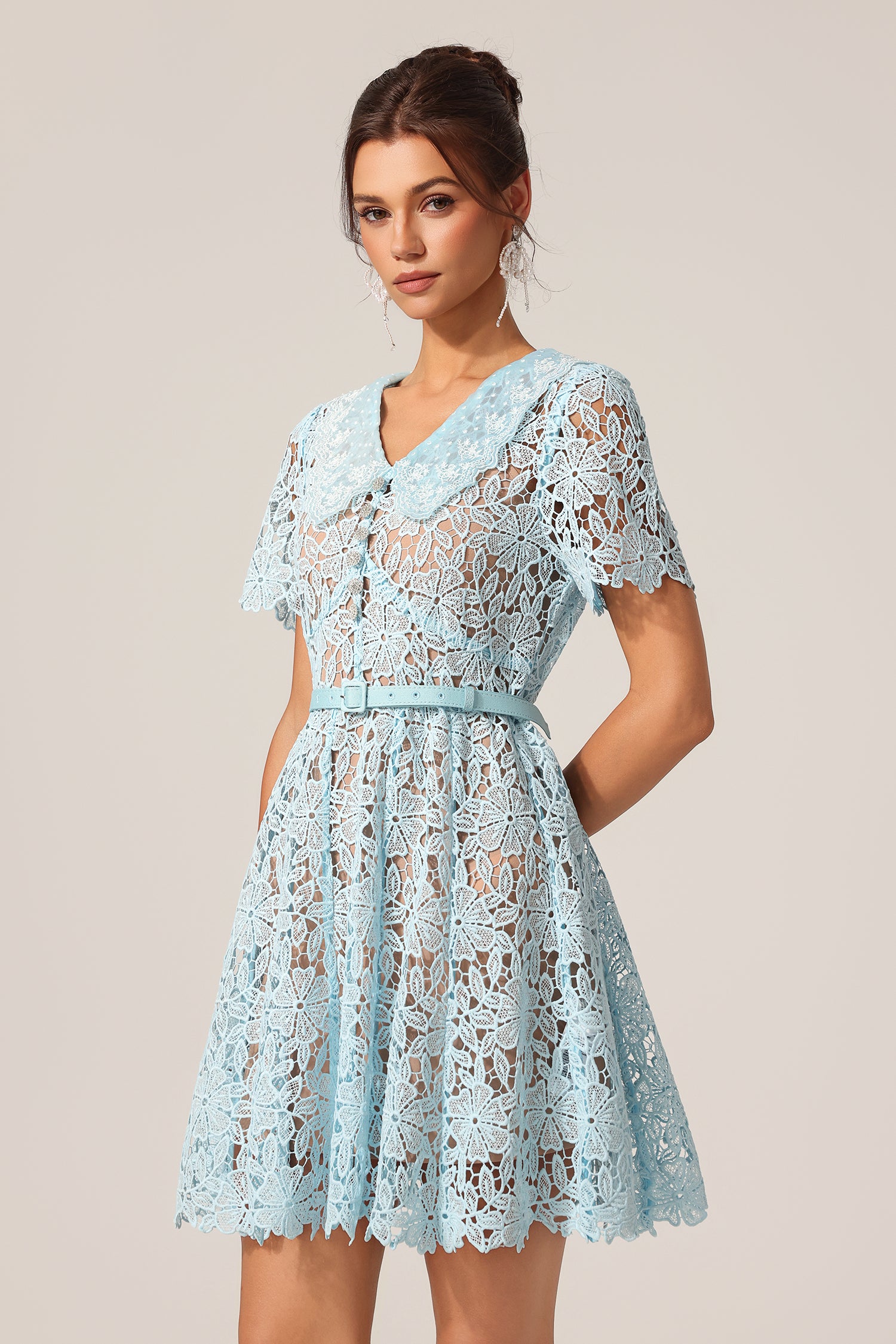 Uerzay Short Sleeves Flowers Lace Mini Dress
