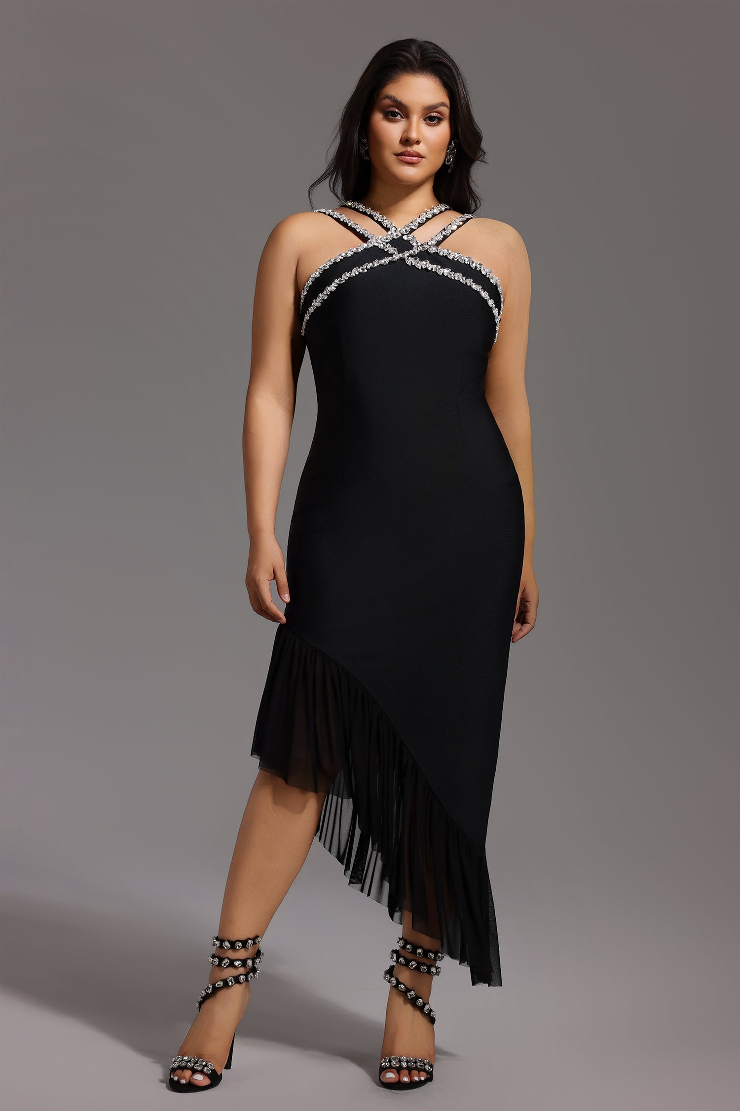 Nialla Sleeveless Diamond Flounce Bandage Maxi Dress