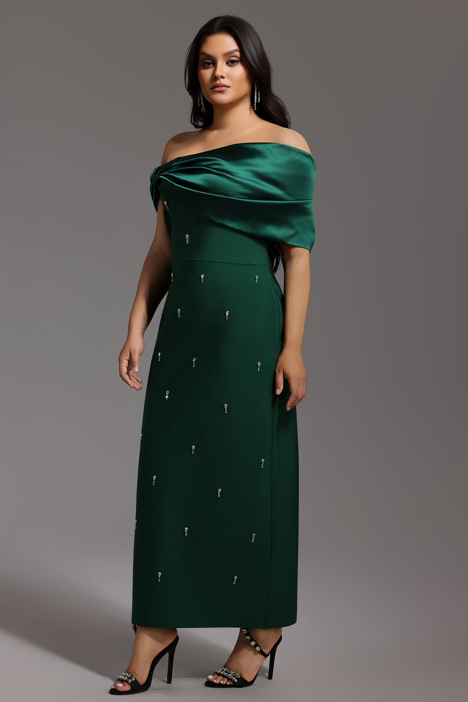 Palez Sleeveless One Shoulder Diamond Bow Bandage Maxi Dress