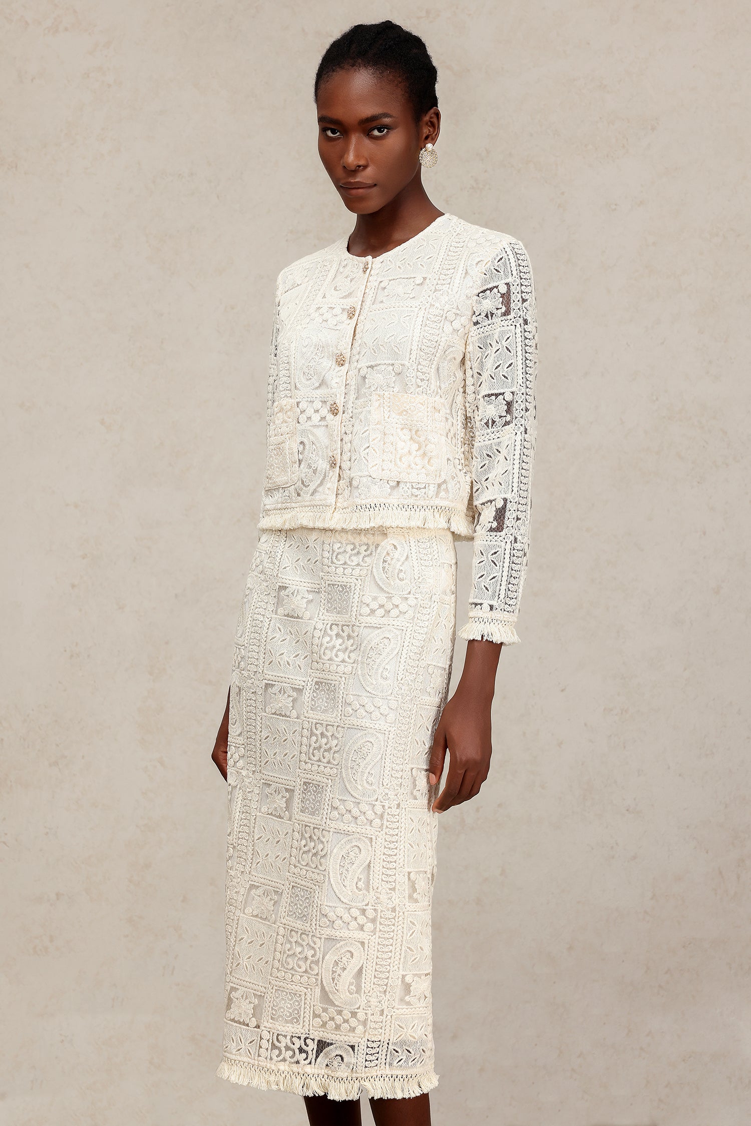 Felia Round Neck Long Sleeves Hollow Out Slit Lace Top And Skirt Two-Piece Set