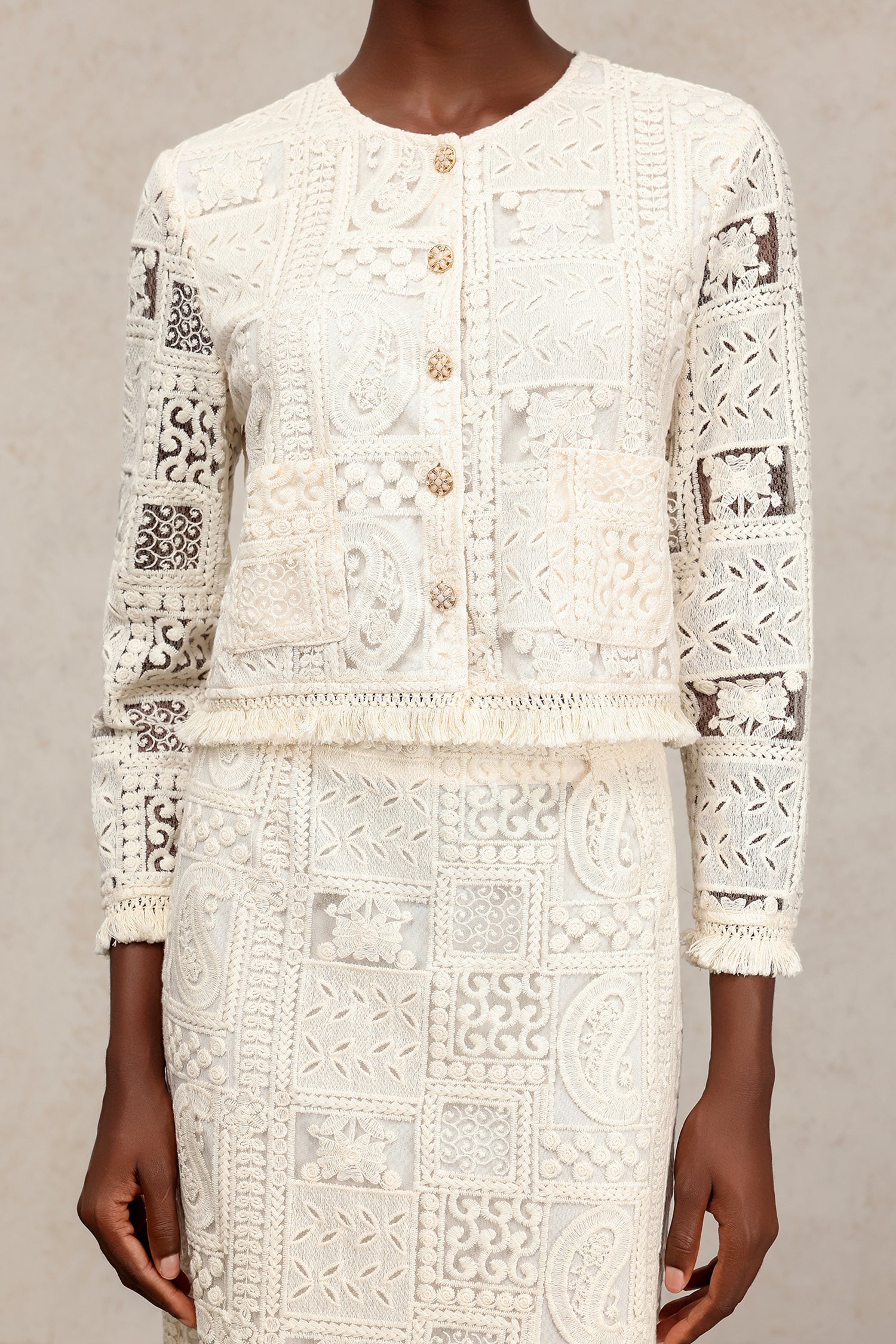 Felia Round Neck Long Sleeves Hollow Out Slit Lace Top And Skirt Two-Piece Set