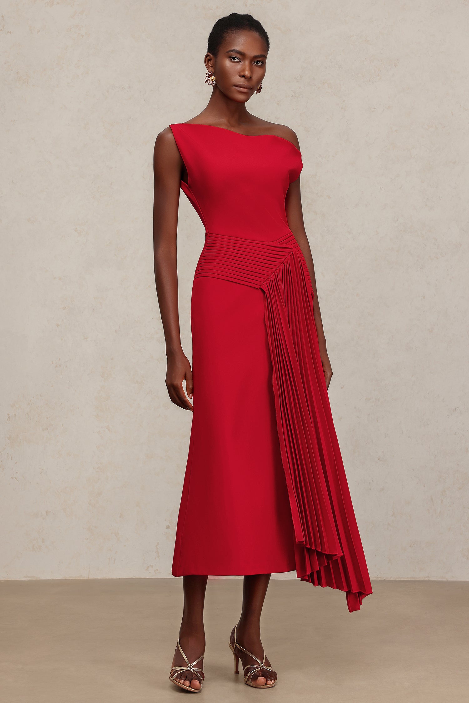 Jillian Oblique Shoulder Sleeveless Folds Midi Dress