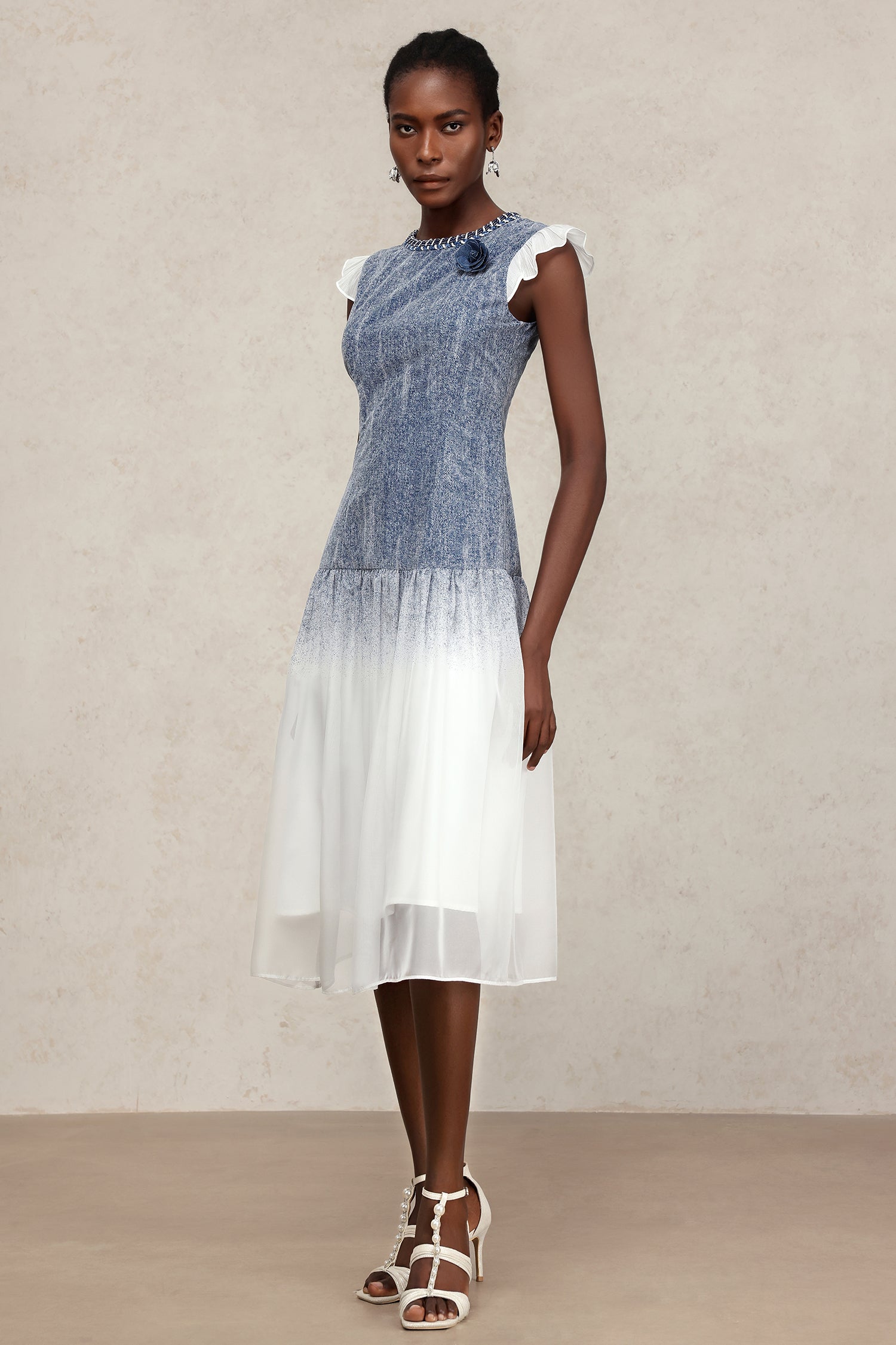 Hunter Round Neck Denim Printed Midi Dress