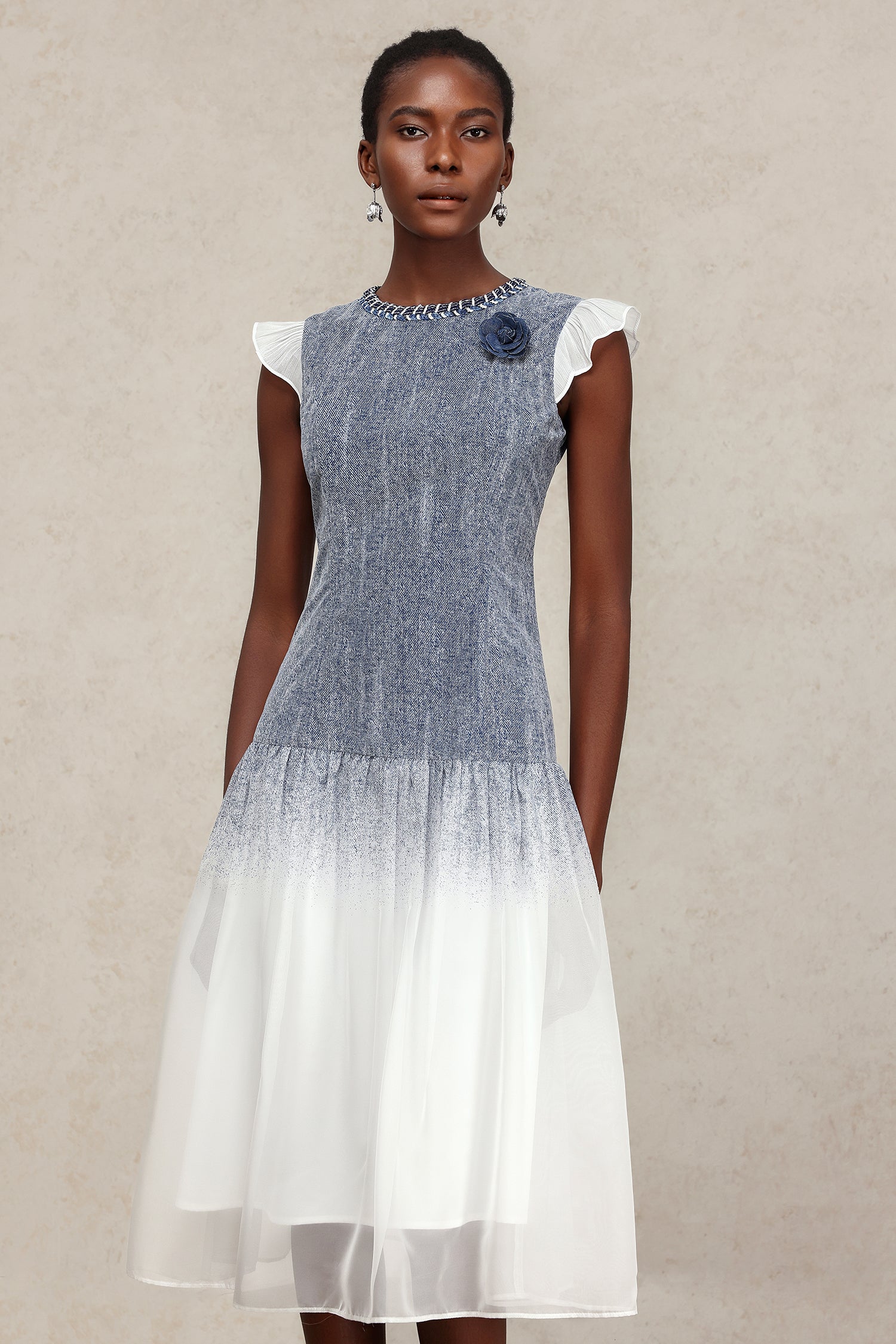 Hunter Round Neck Denim Printed Midi Dress