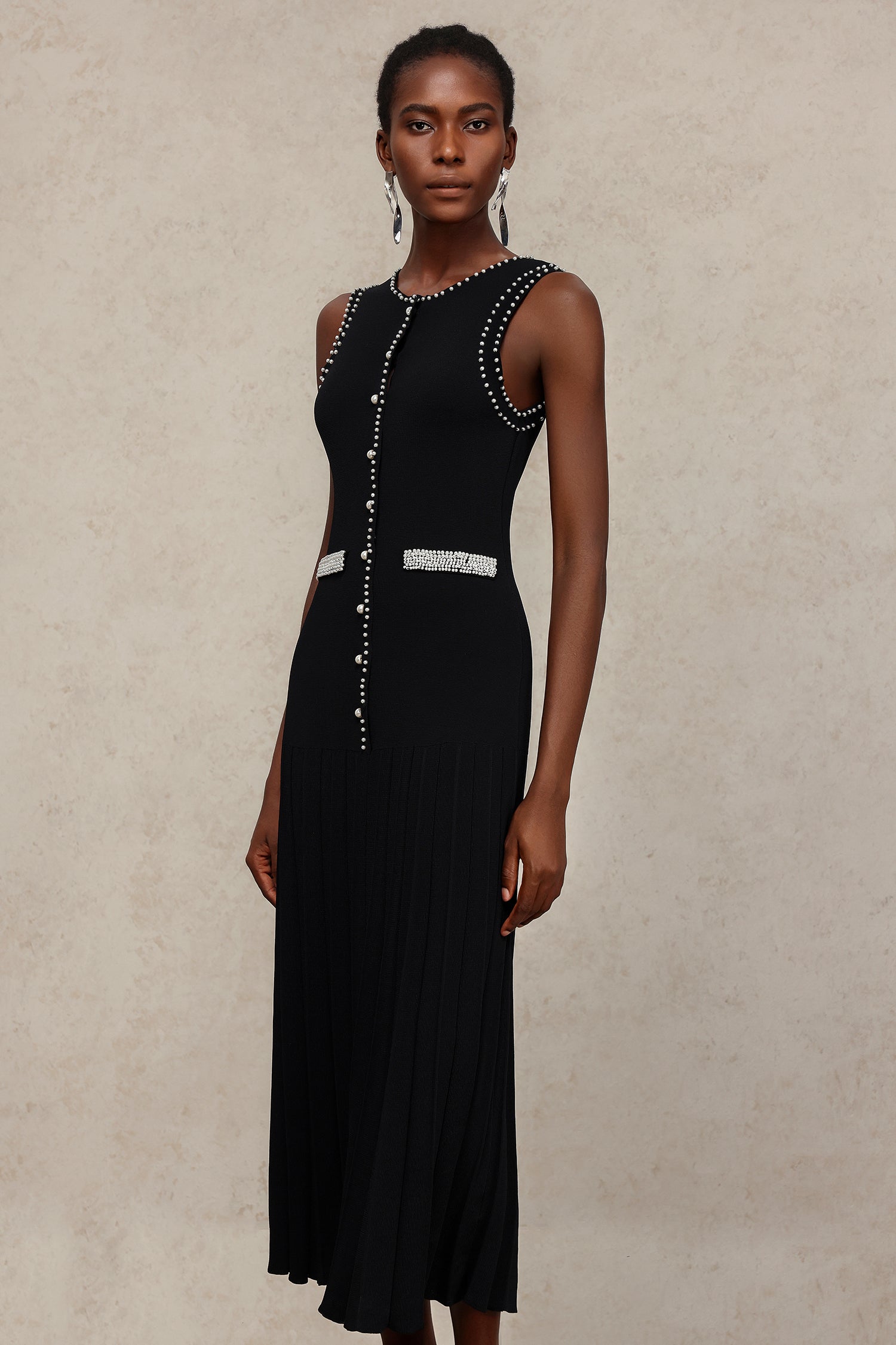 Evey Round Neck Sleeveless Pearl Maxi Dress