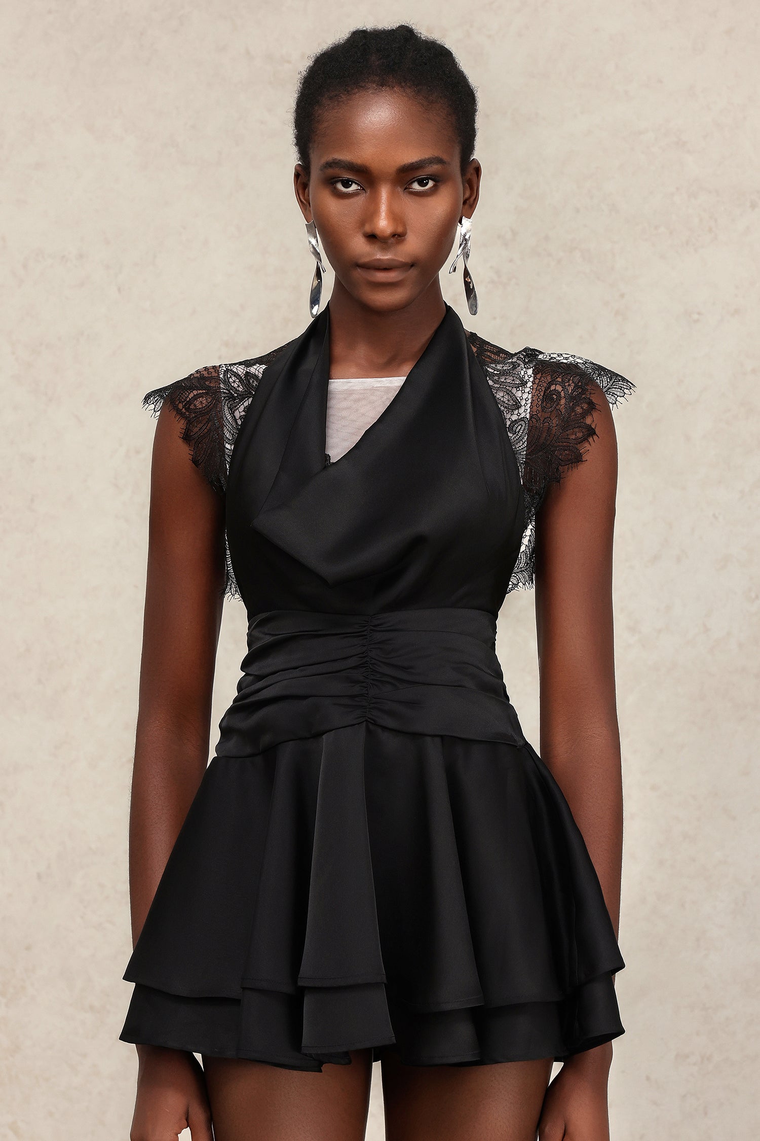 Waza V-Neck Folds Sleeveless Lace Mini Dress