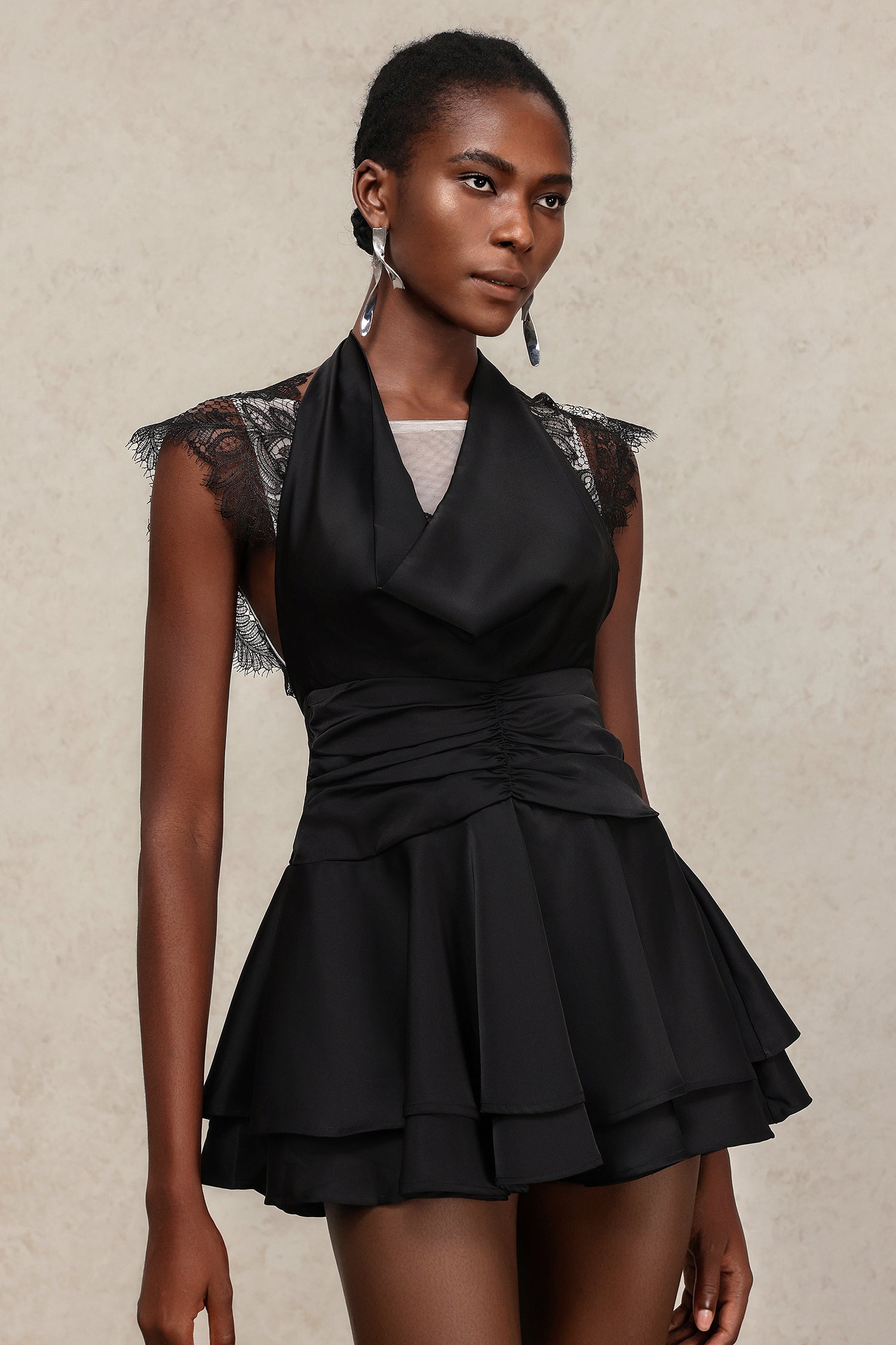 Waza V-Neck Folds Sleeveless Lace Mini Dress