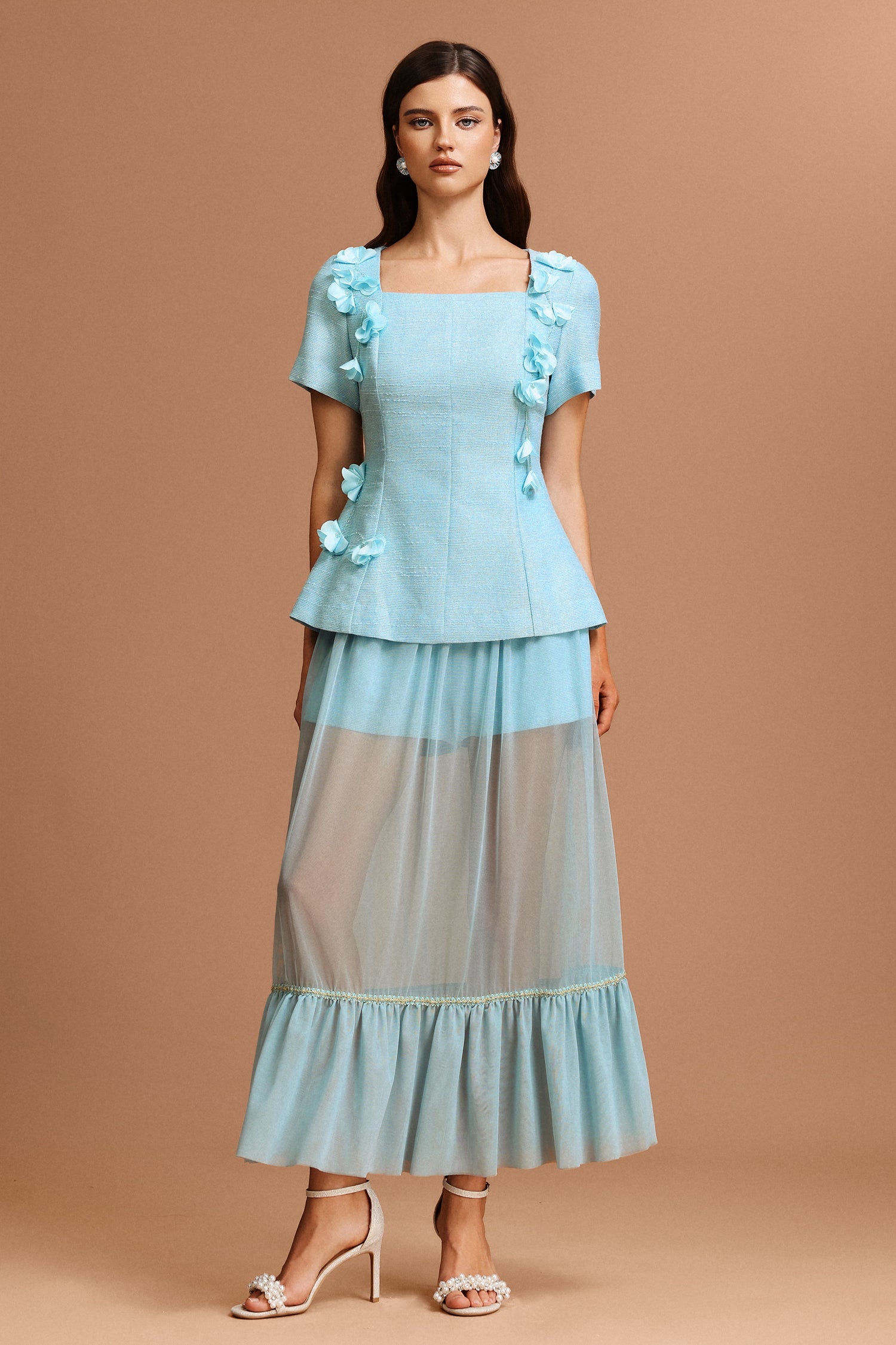 Linnaea Short Sleeves Flowers Folds Top And Skirt Two-Piece Set