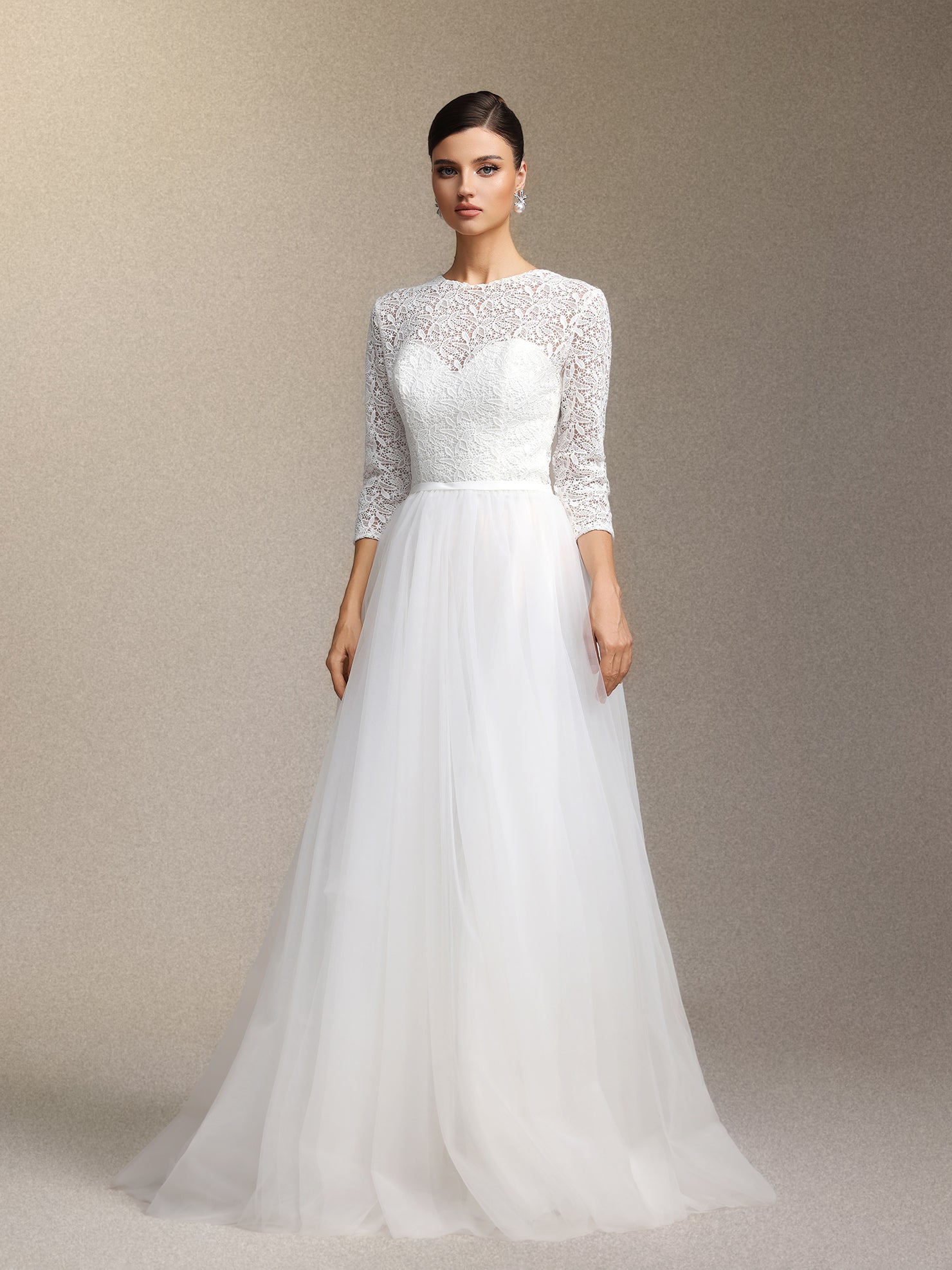 Lace tulle long-sleeved long-length wedding dress