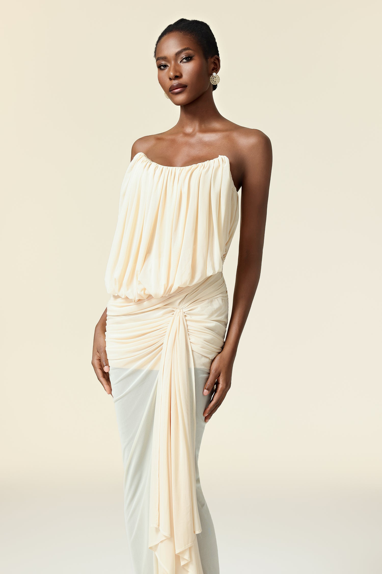 Tusare Sleeveless Folds Asymmetric Maxi Dress