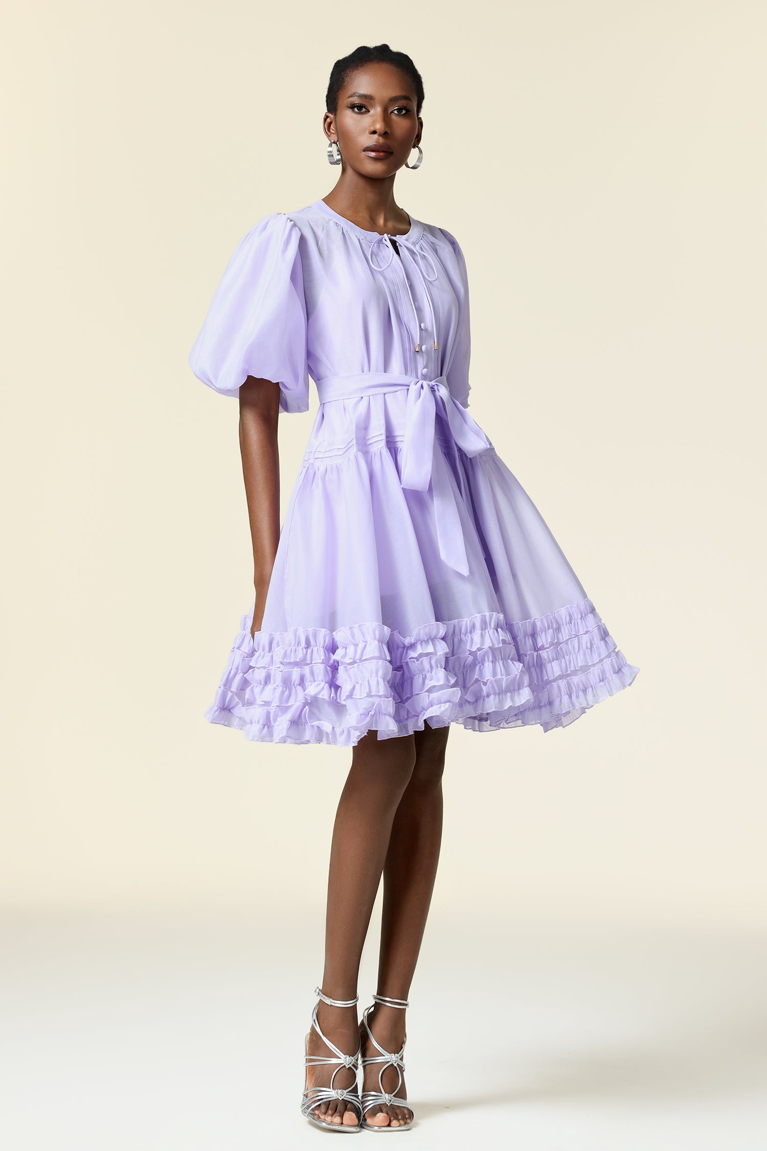 Xapana Round Neck Puff Sleeve Folds Mini Dress