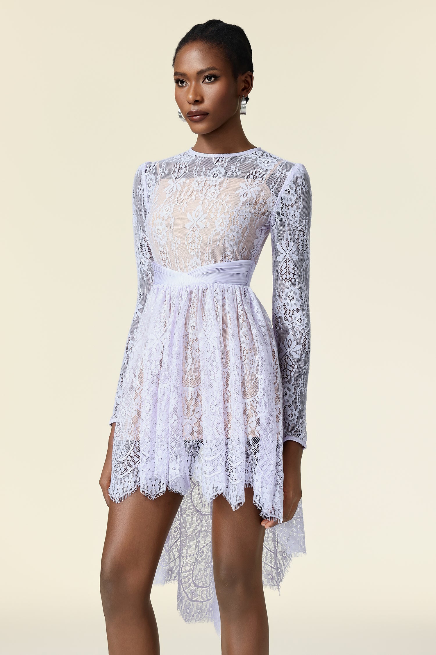 Twyla Round Neck Lace Flowers Long Sleeves Mini Dress