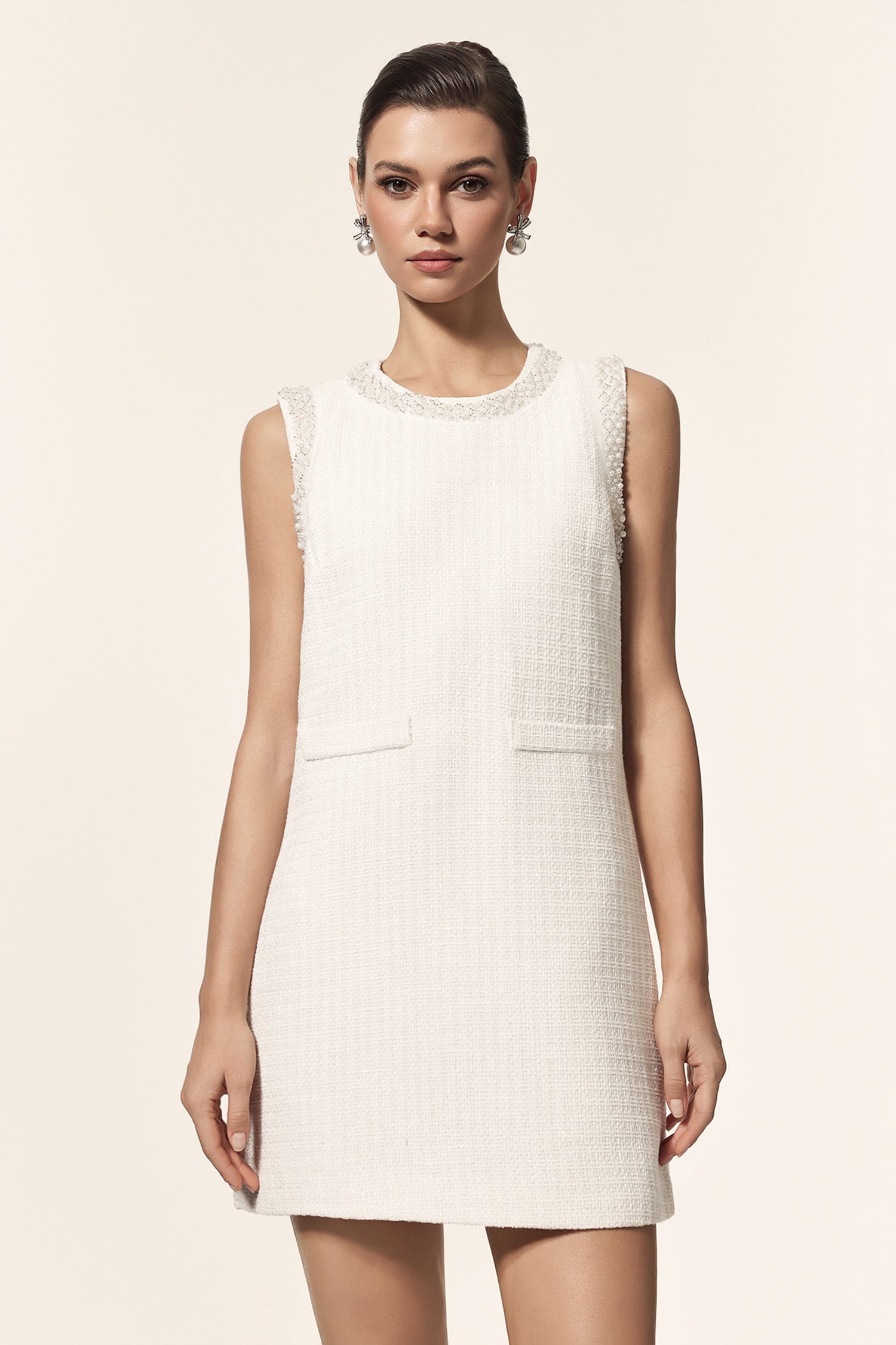 Saha Round Neck Sleeveless Pearl Mini Dress