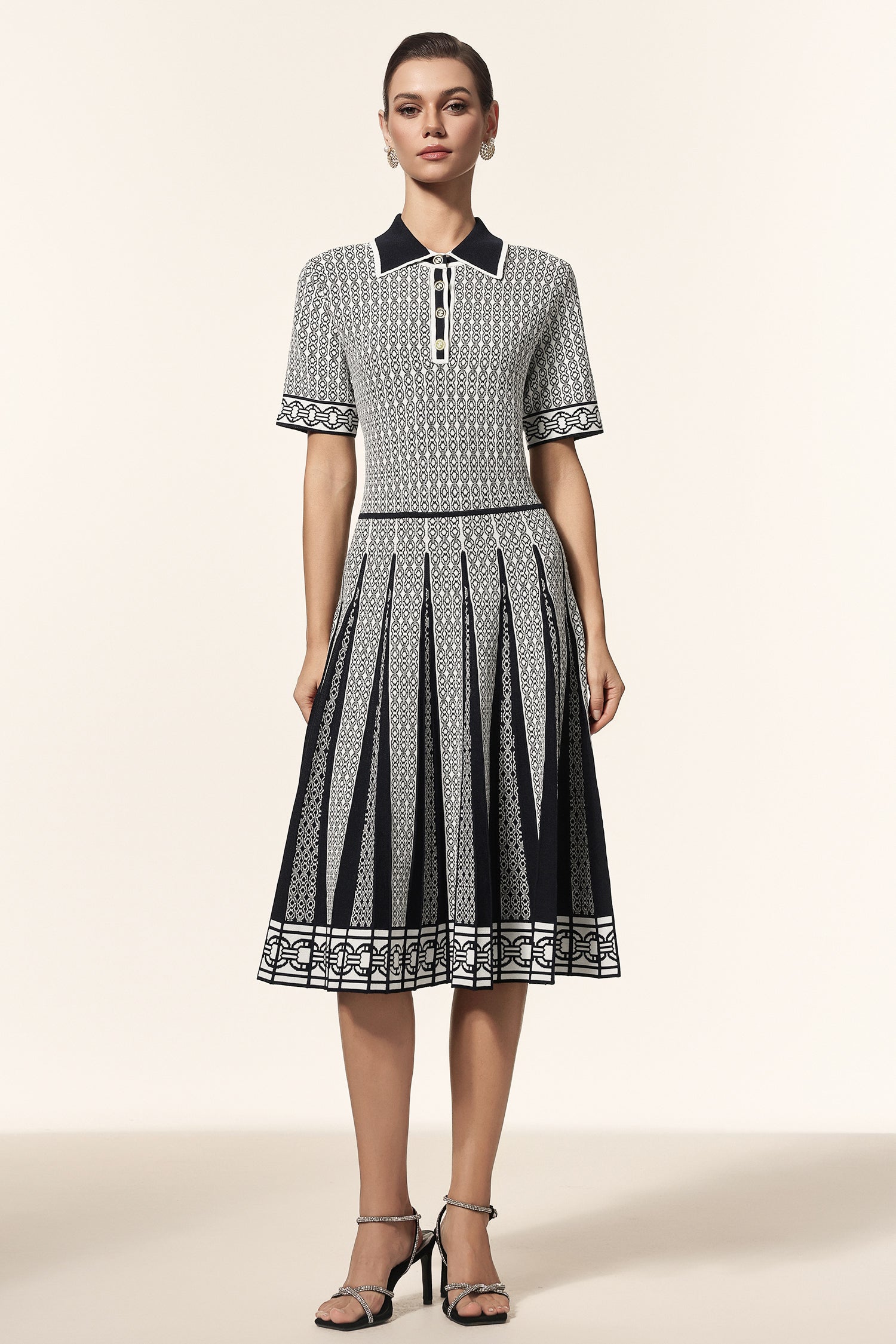 Reye Lapel Short Sleeves Jacquard Folds Mini Dress