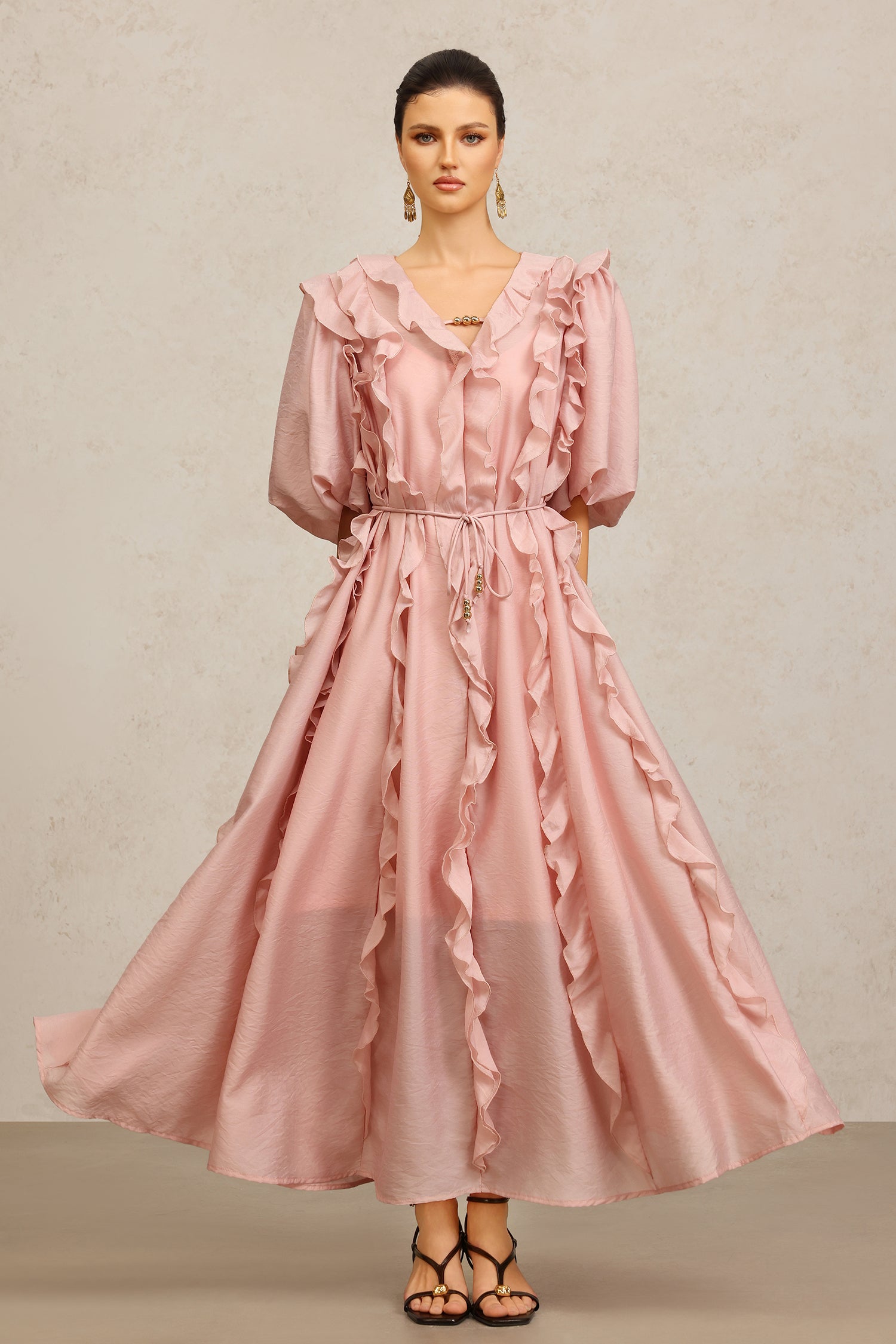 Wika V-Neck Elbow Sleeves Folds Pink Maxi Dress