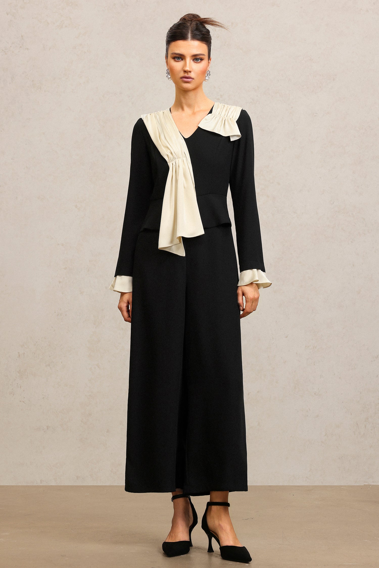 Karsten V-Neck Long Sleeves Folds Maxi Jumpsuit