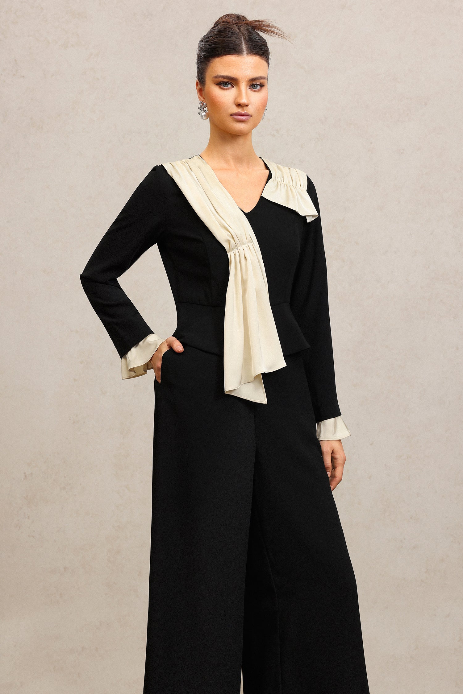 Karsten V-Neck Long Sleeves Folds Maxi Jumpsuit