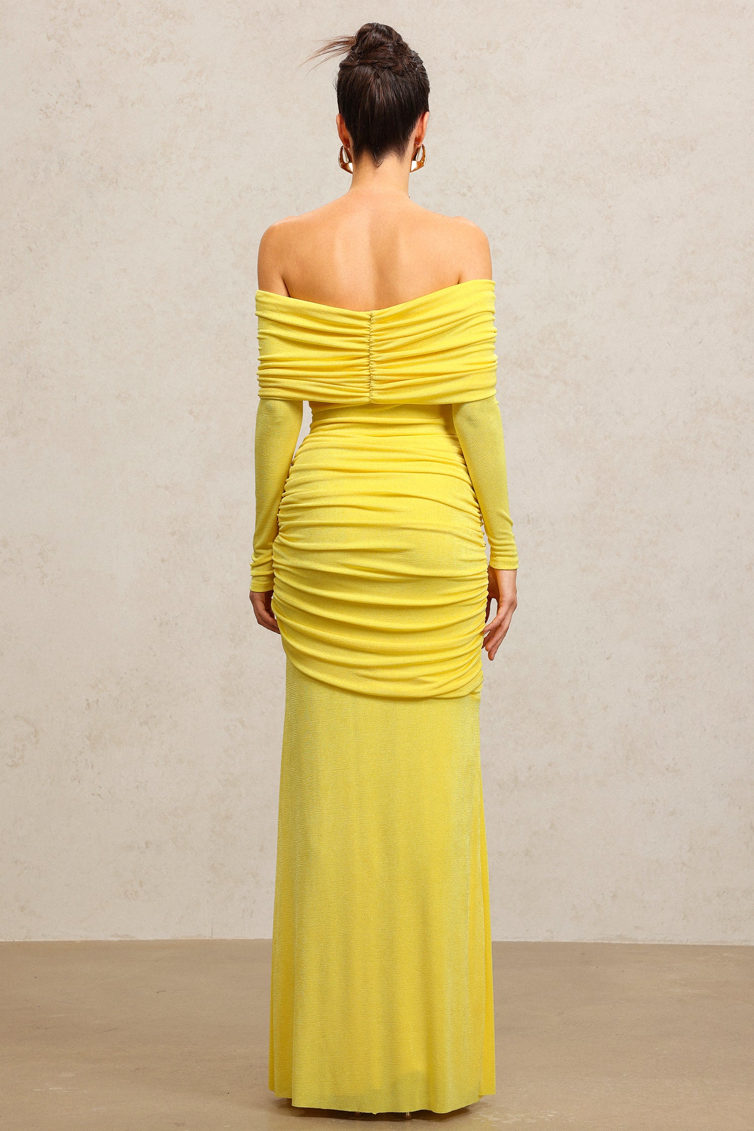 Jillian Off-The-Shoulder Long Sleeves Streamer Folds Yellow Maxi Dress