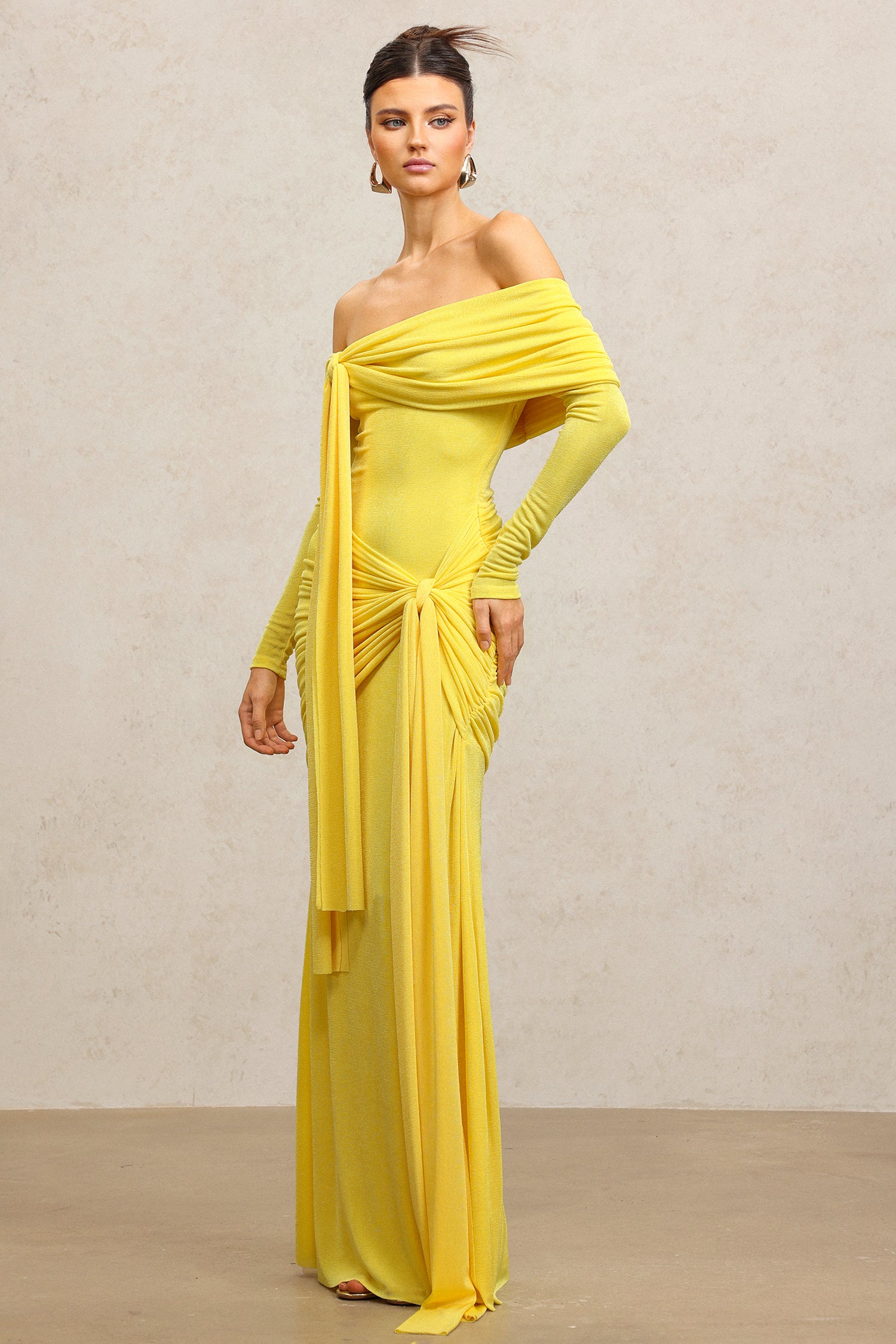 Jillian Off-The-Shoulder Long Sleeves Streamer Folds Yellow Maxi Dress