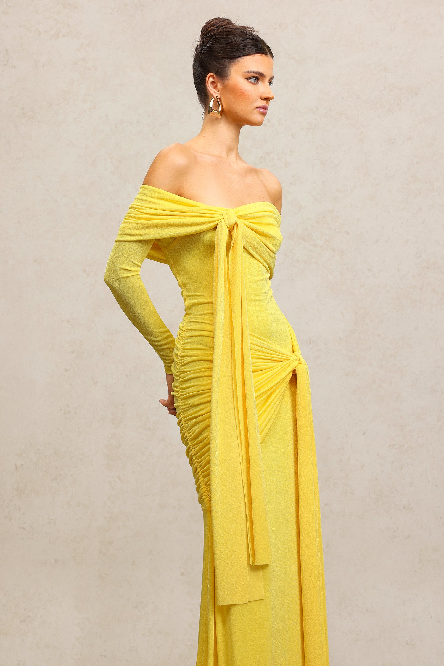 Jillian Off-The-Shoulder Long Sleeves Streamer Folds Yellow Maxi Dress