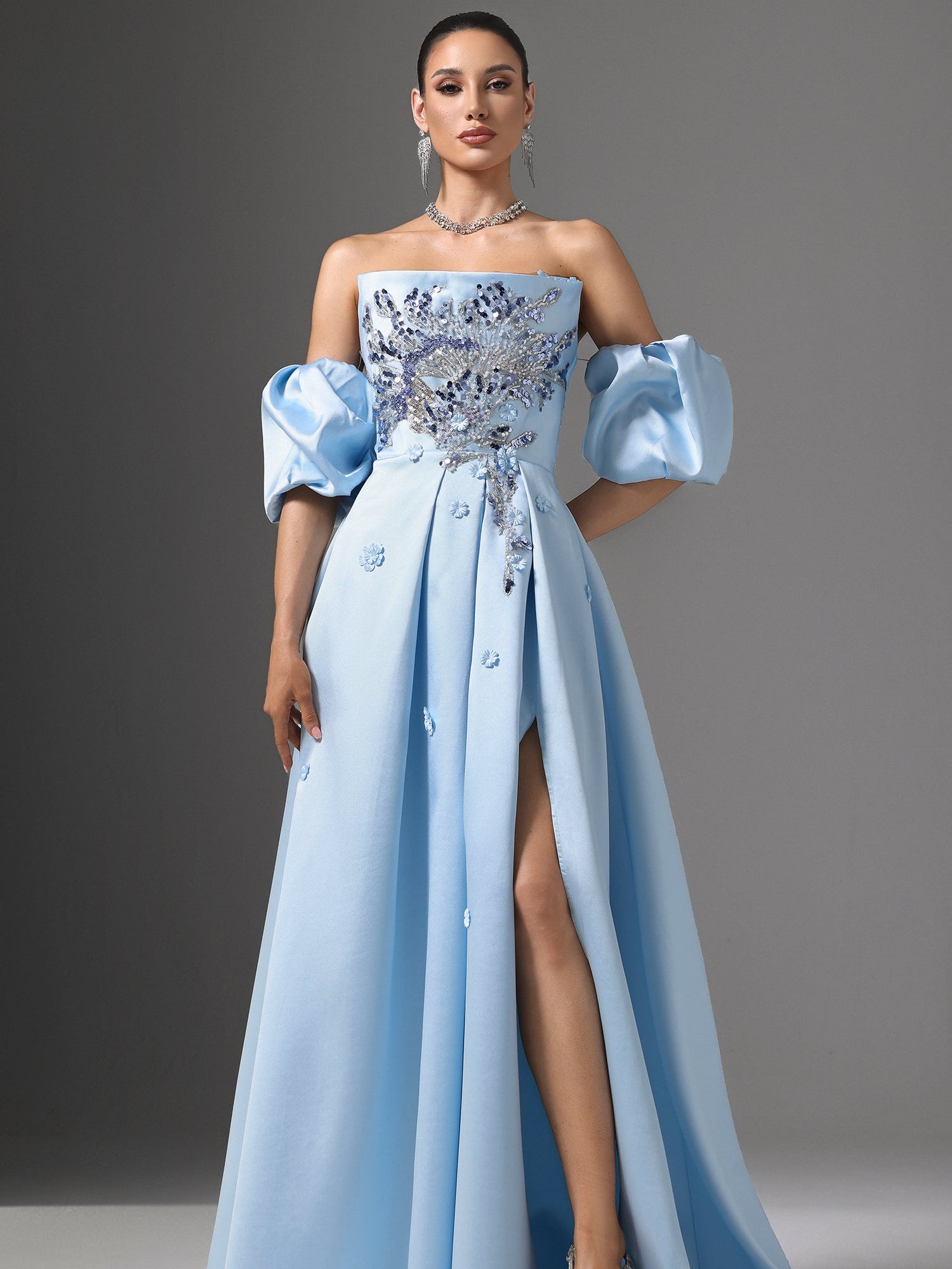 Winni Off-Shoulder Floral Embroidered High Slit Maxi Dress