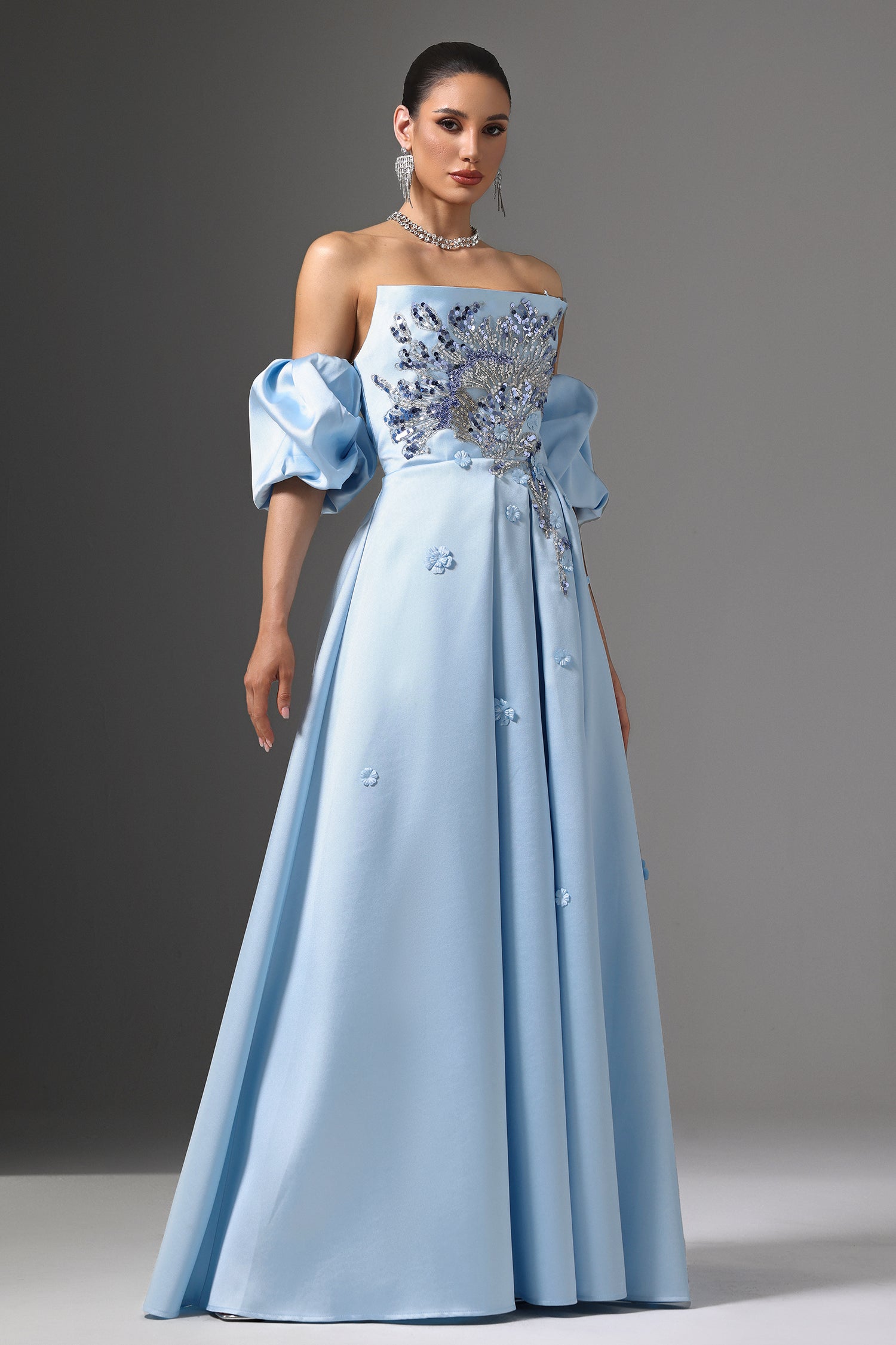 Winni Off-Shoulder Floral Embroidered High Slit Maxi Dress