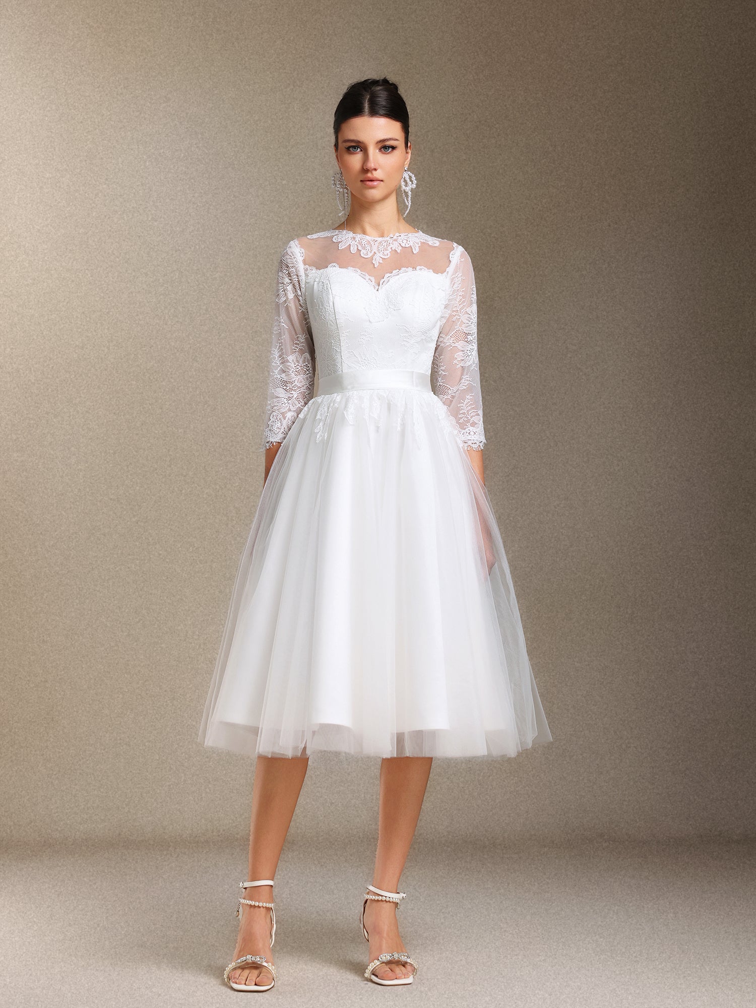 Keeli Long sleeves Lace Bow Mini wedding dress