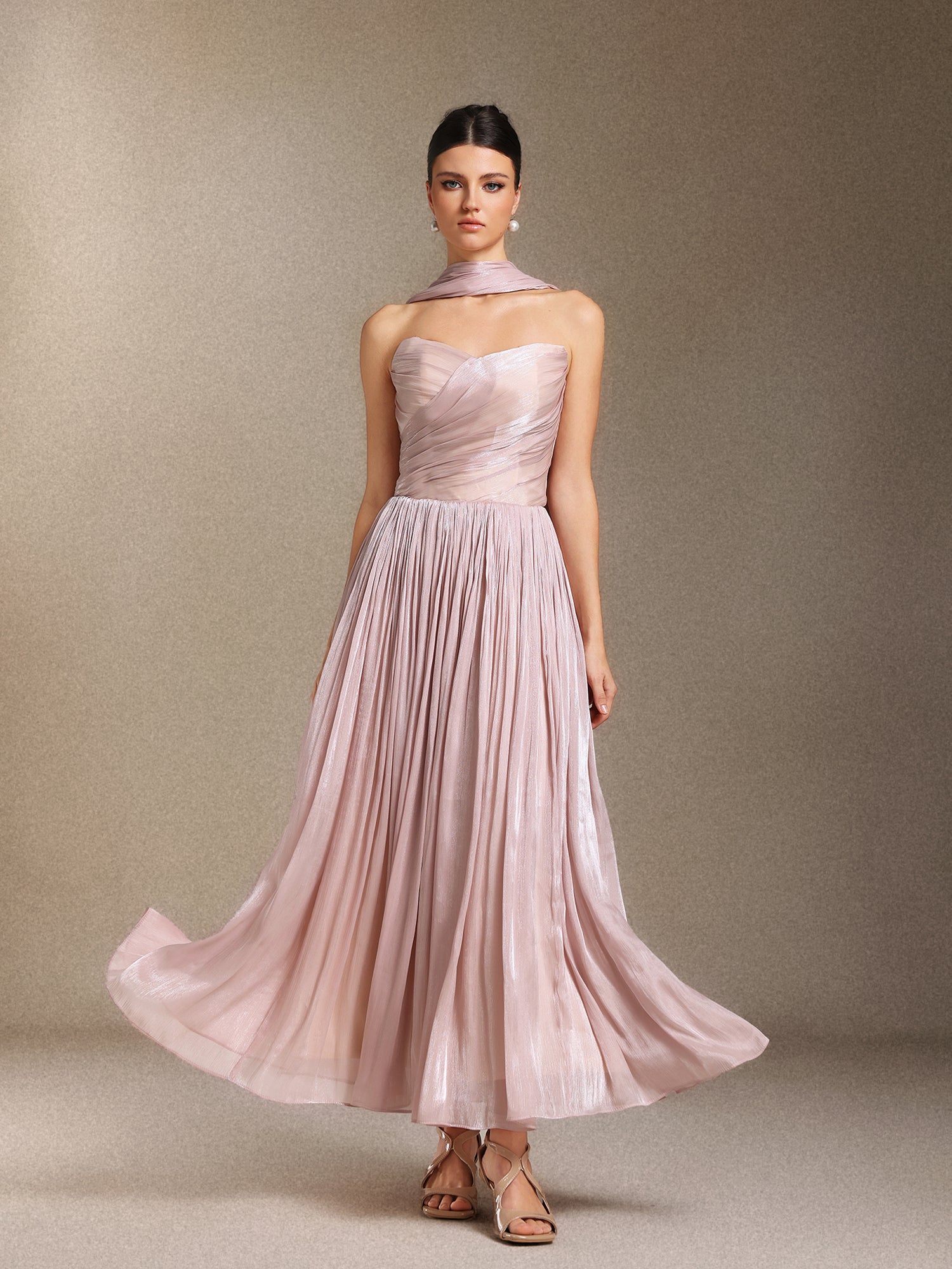 Yeil  Fold Ribbon Midi length evening dress