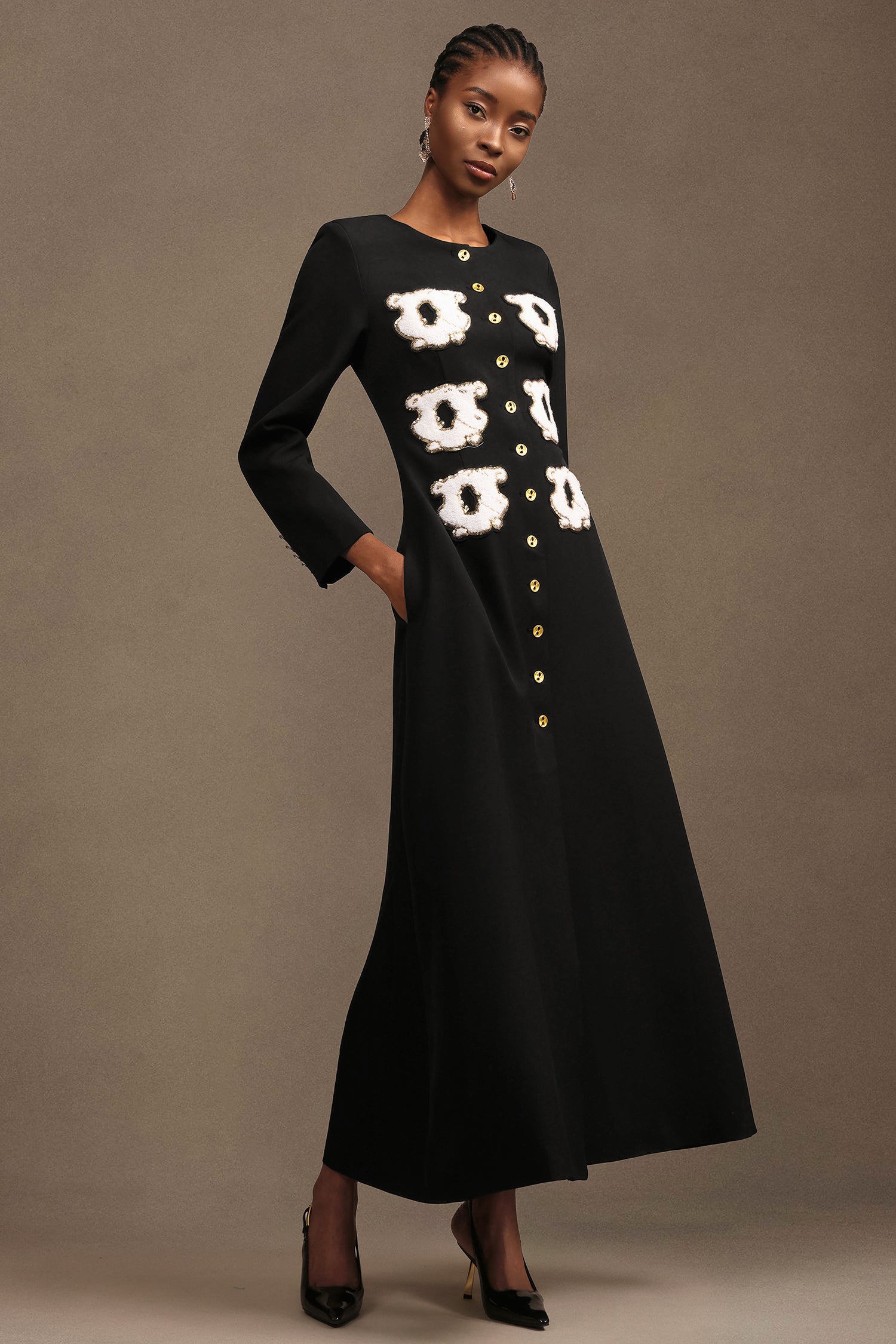 Natalya Elegant Tailored Round Neck Long Sleeve Woven Maxi Dress