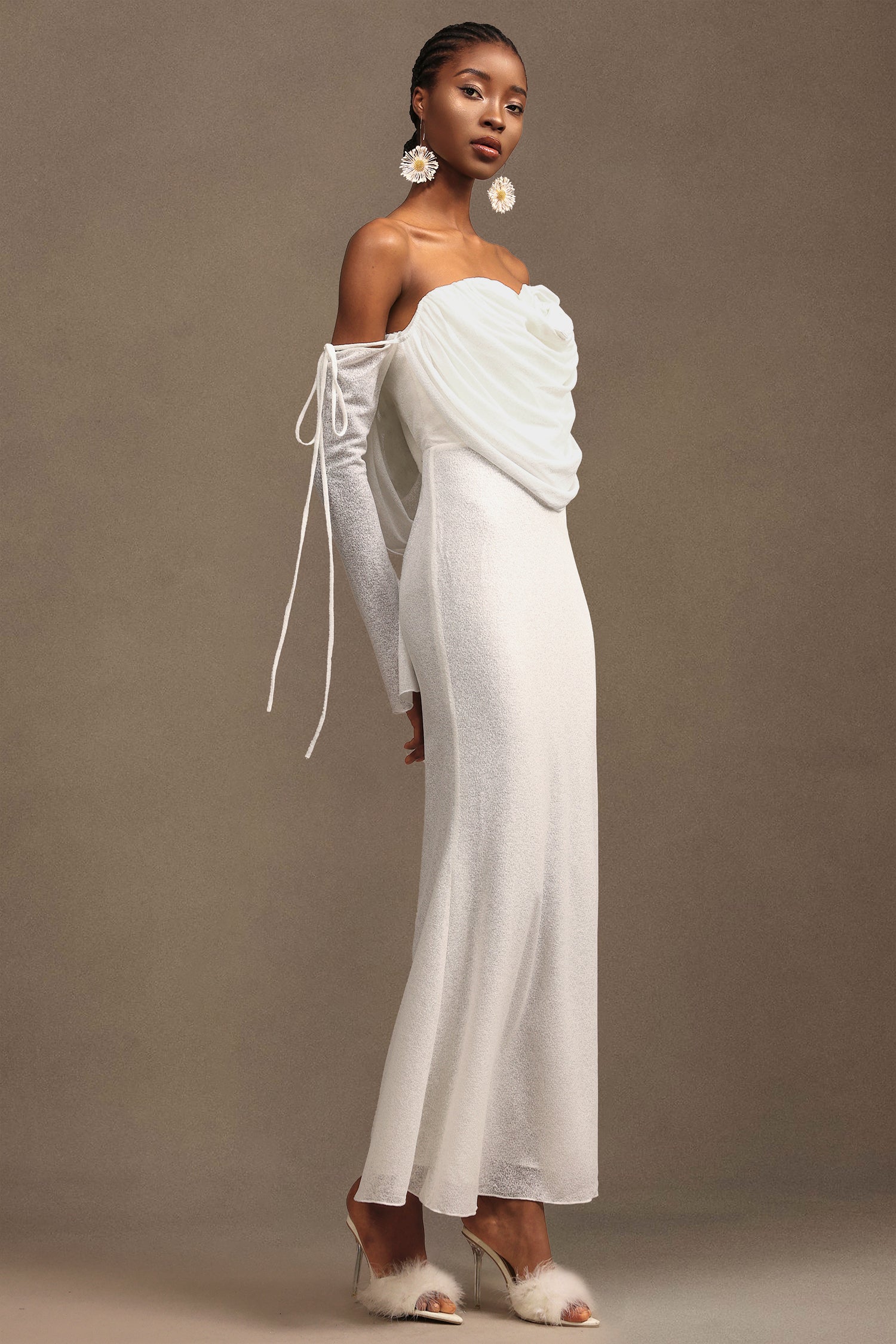 Tahoe Elegant Contour Off-The-Shoulder Long Sleeve Knit Maxi Dress