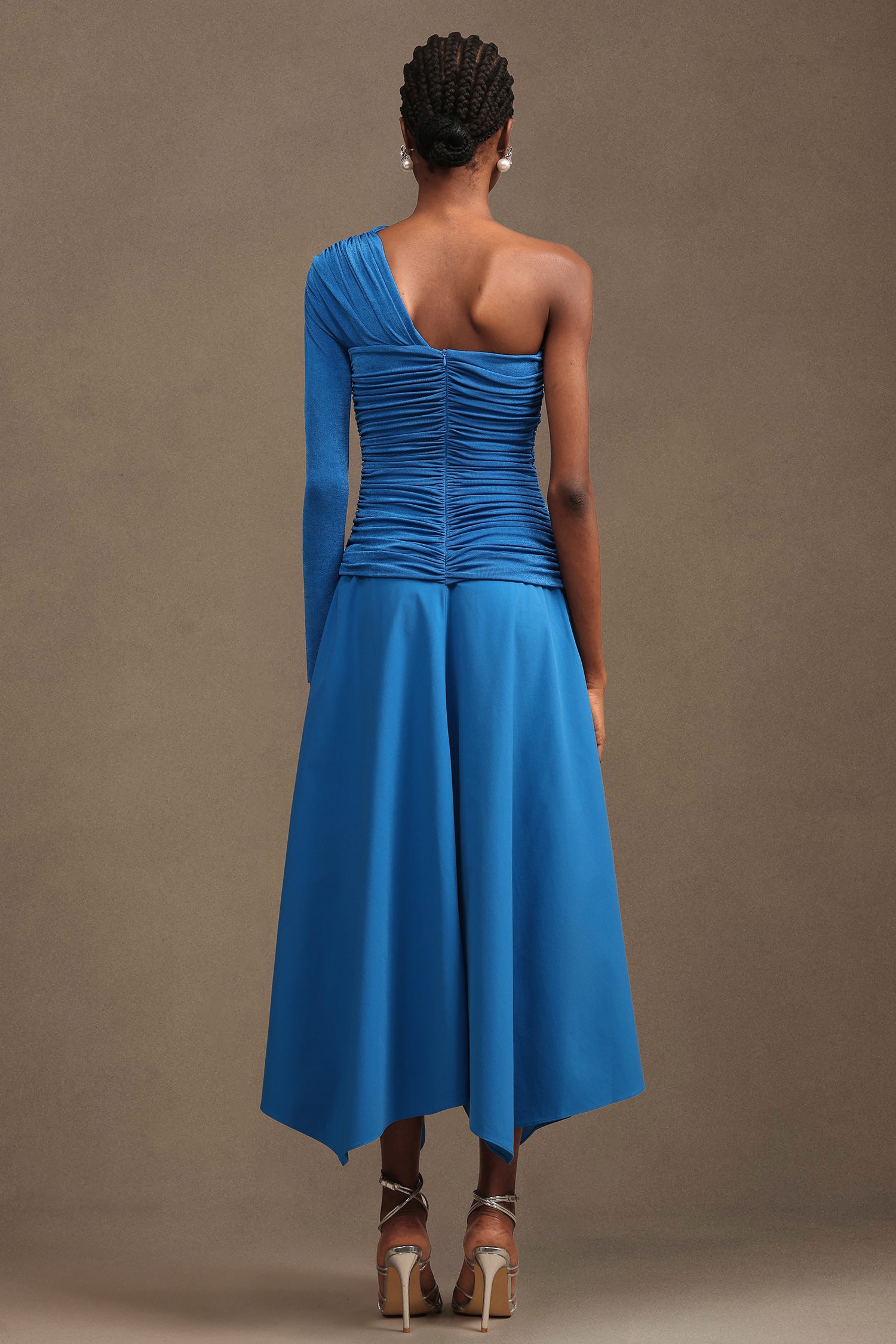 Saturn Resort Contour Ruched Asymmetric Long Sleeve Knit Maxi Dress