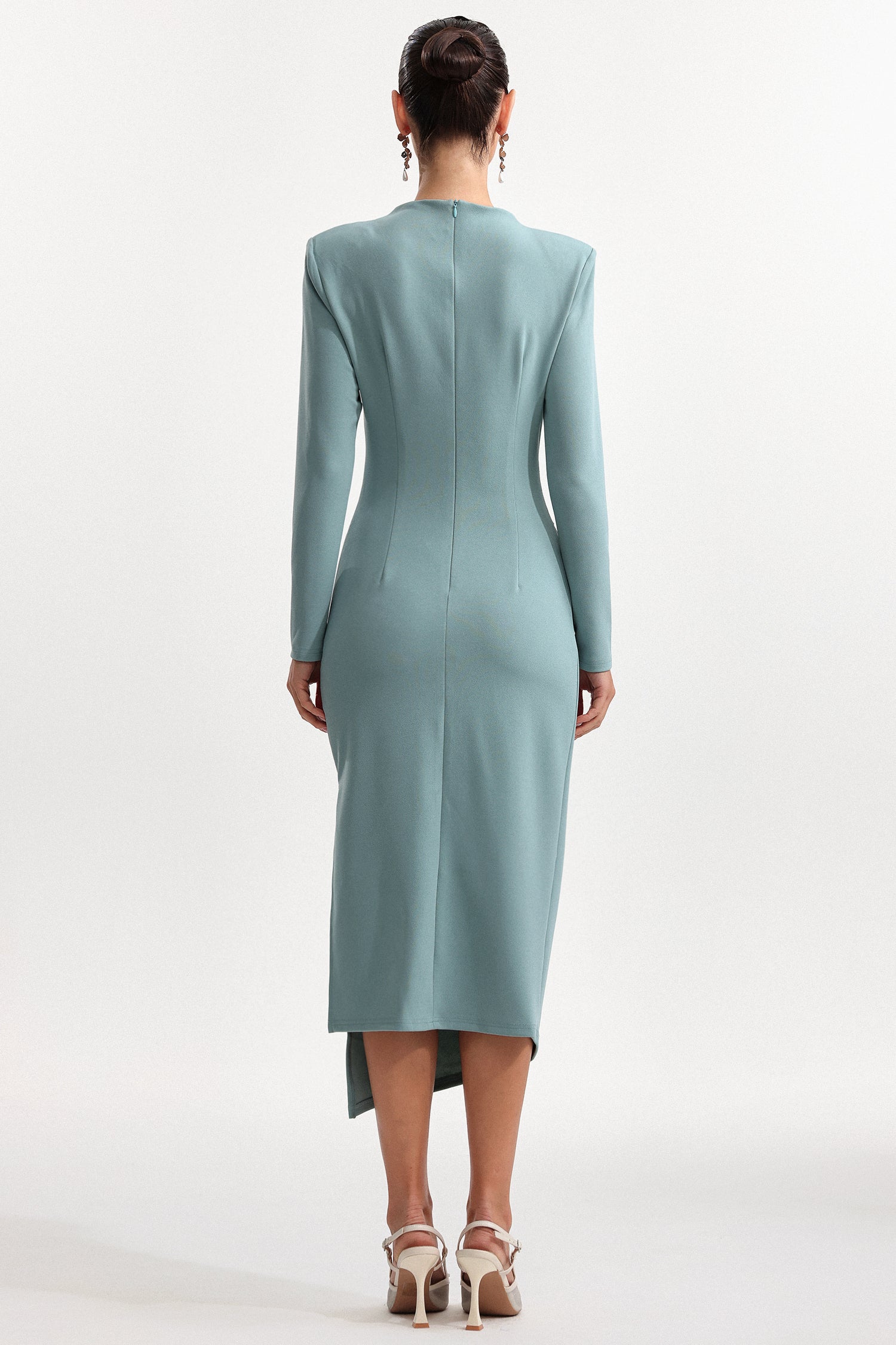 Nina Elegant Cinched Waist Long Sleeve Sequin Floral Pleated Knit Midi Dress