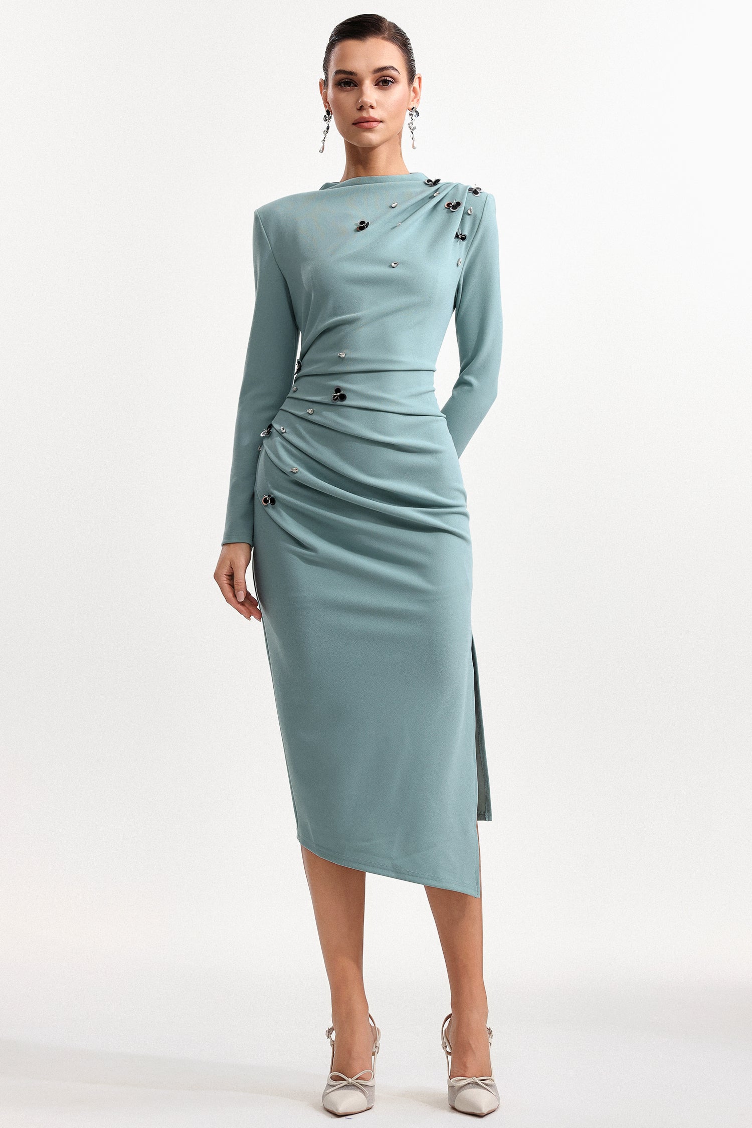 Nina Elegant Cinched Waist Long Sleeve Sequin Floral Pleated Knit Midi Dress