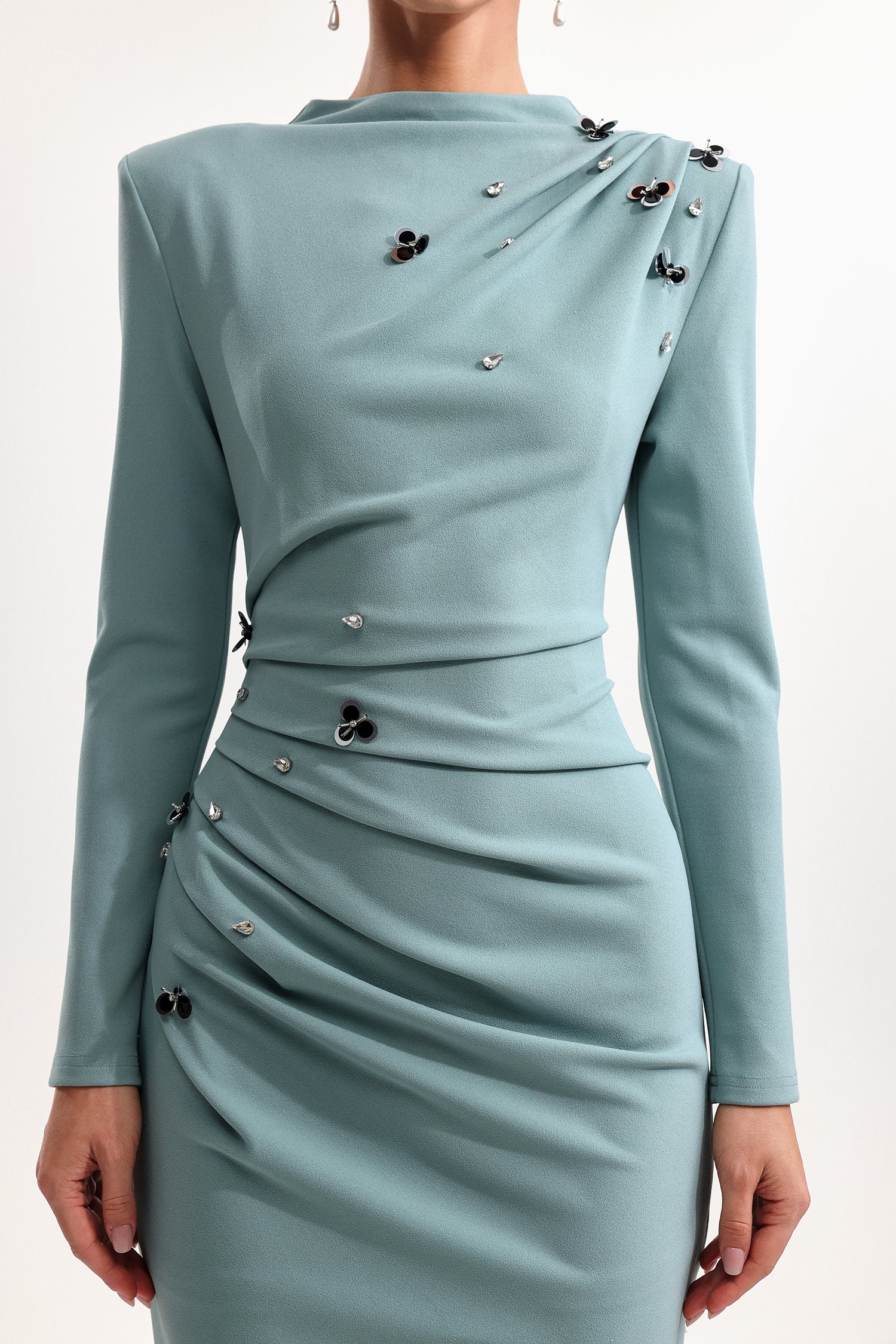 Nina Elegant Cinched Waist Long Sleeve Sequin Floral Pleated Knit Midi Dress