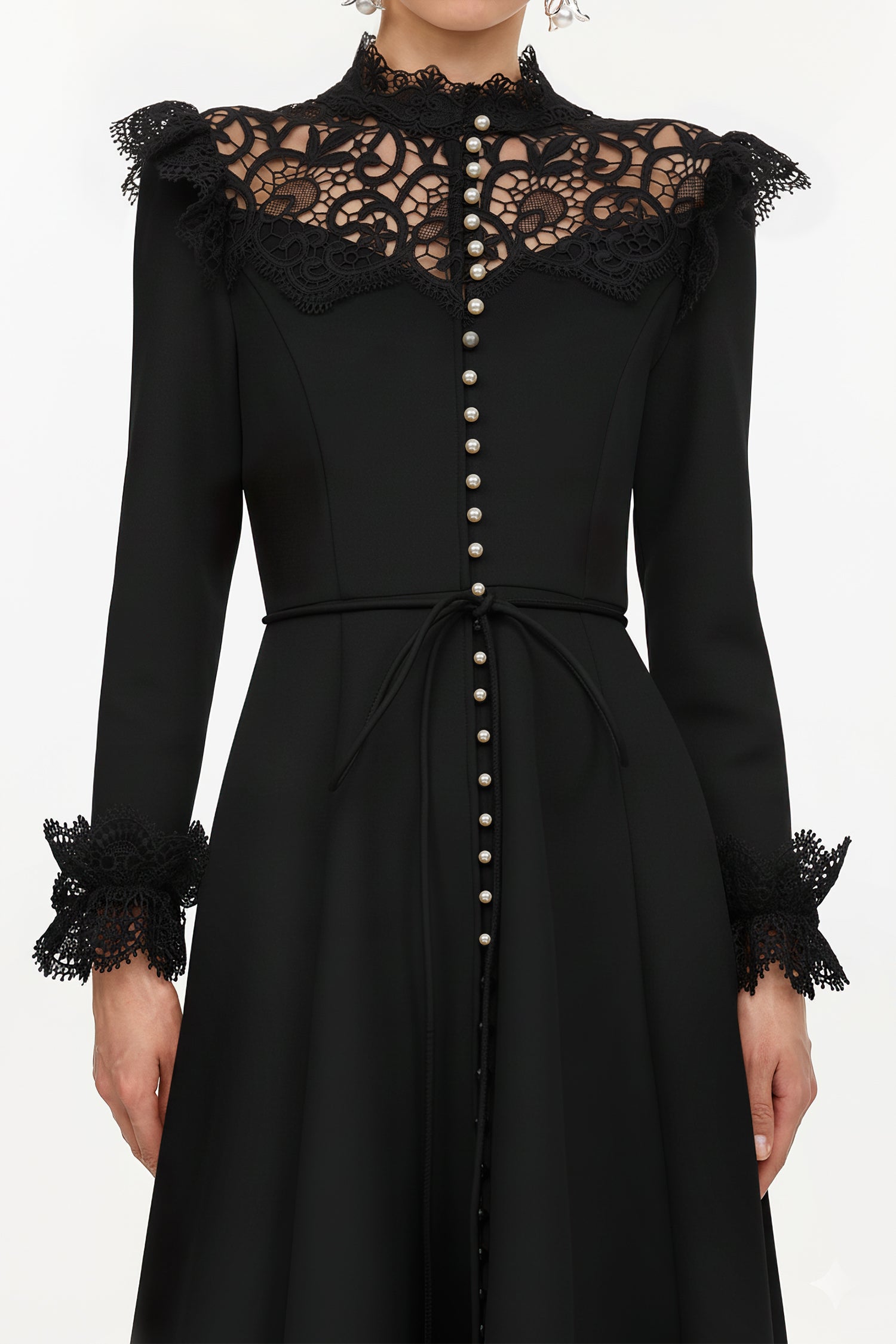 Eudora Romantic Flowy Long Sleeve Lace Woven Black Maxi Dress