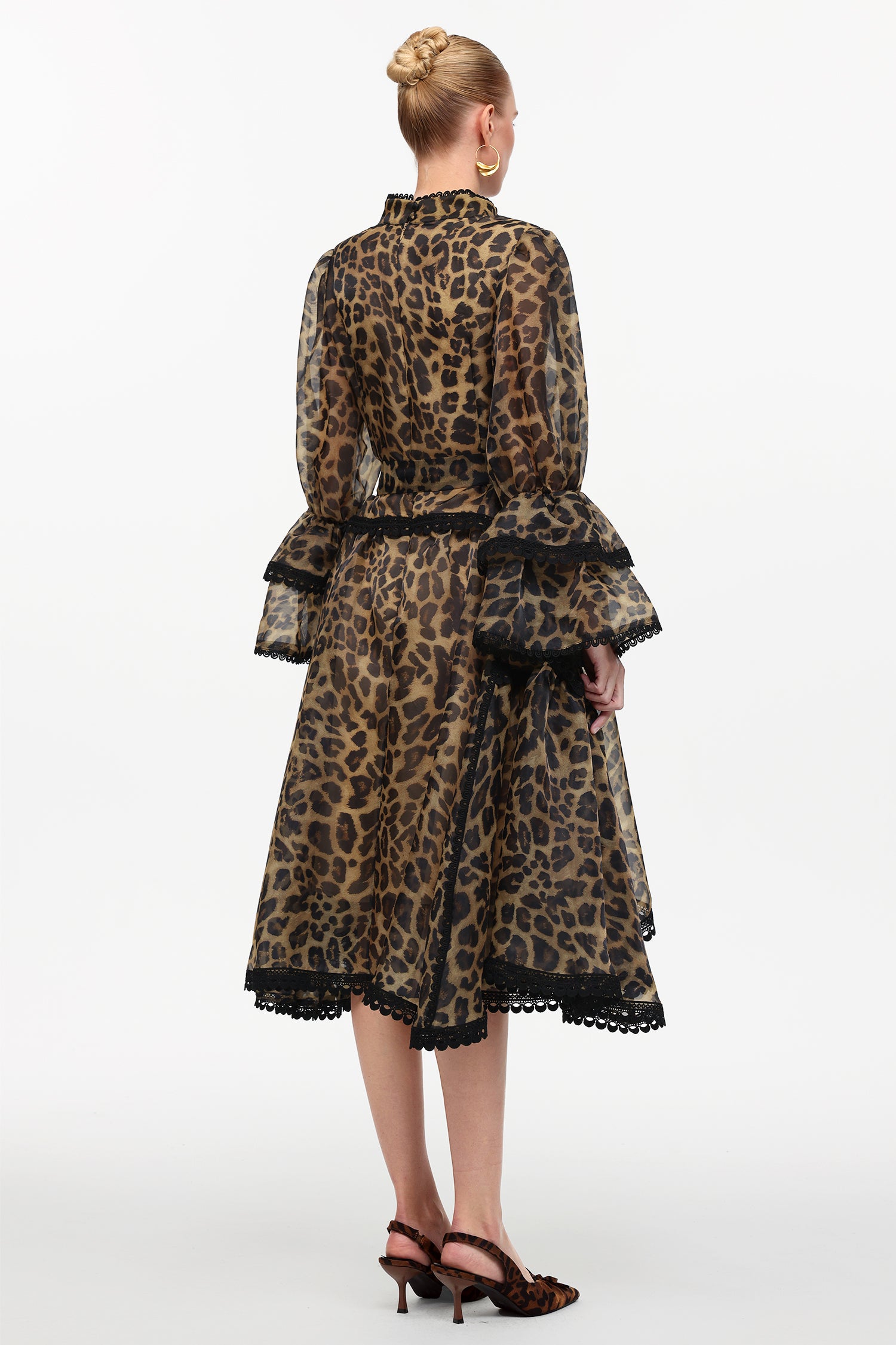 Uhren Resort Flowy V-Neck Long Sleeve Falbala Lace Woven Leopard Print Mini Dress