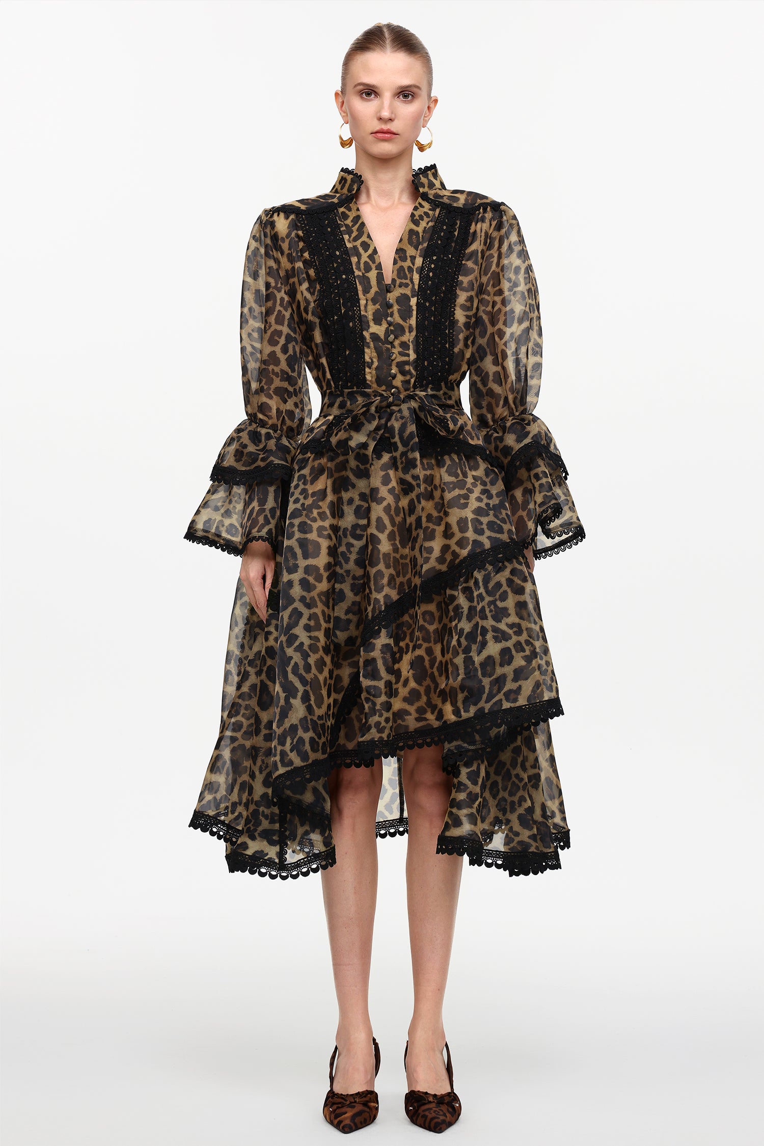 Uhren Resort Flowy V-Neck Long Sleeve Falbala Lace Woven Leopard Print Mini Dress