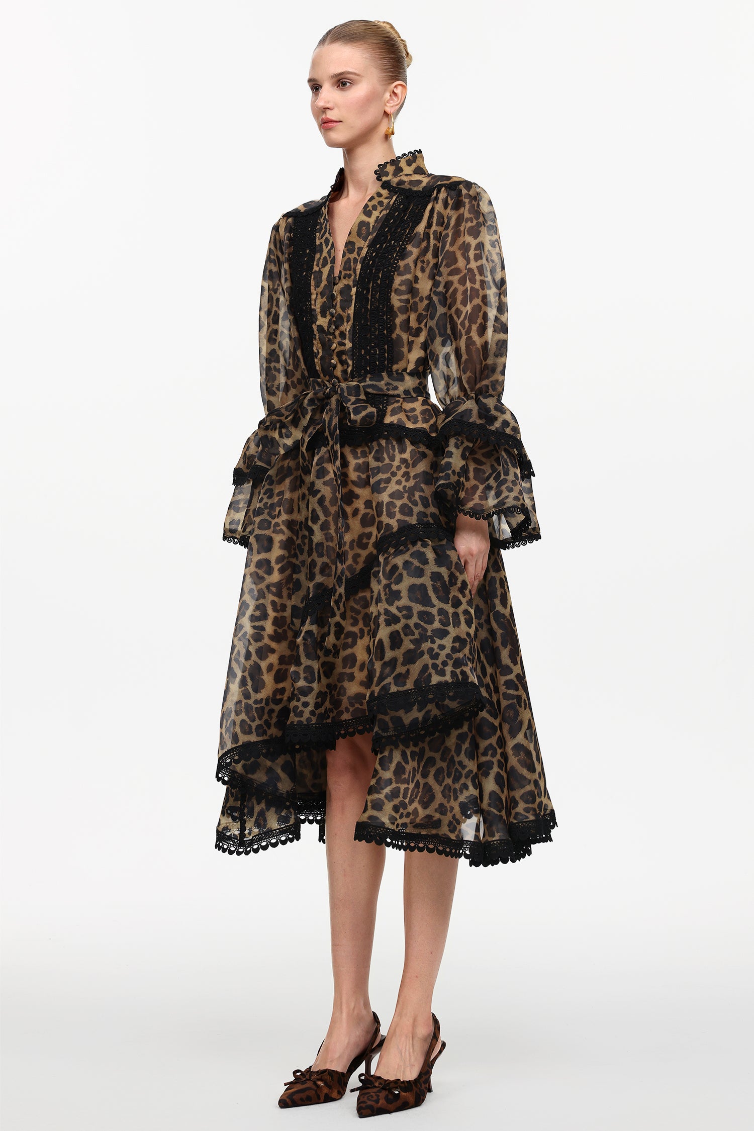 Uhren Resort Flowy V-Neck Long Sleeve Falbala Lace Woven Leopard Print Mini Dress