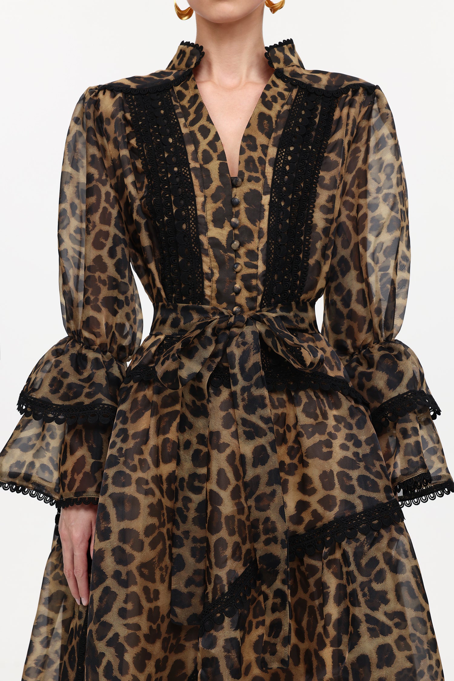 Uhren Resort Flowy V-Neck Long Sleeve Falbala Lace Woven Leopard Print Mini Dress