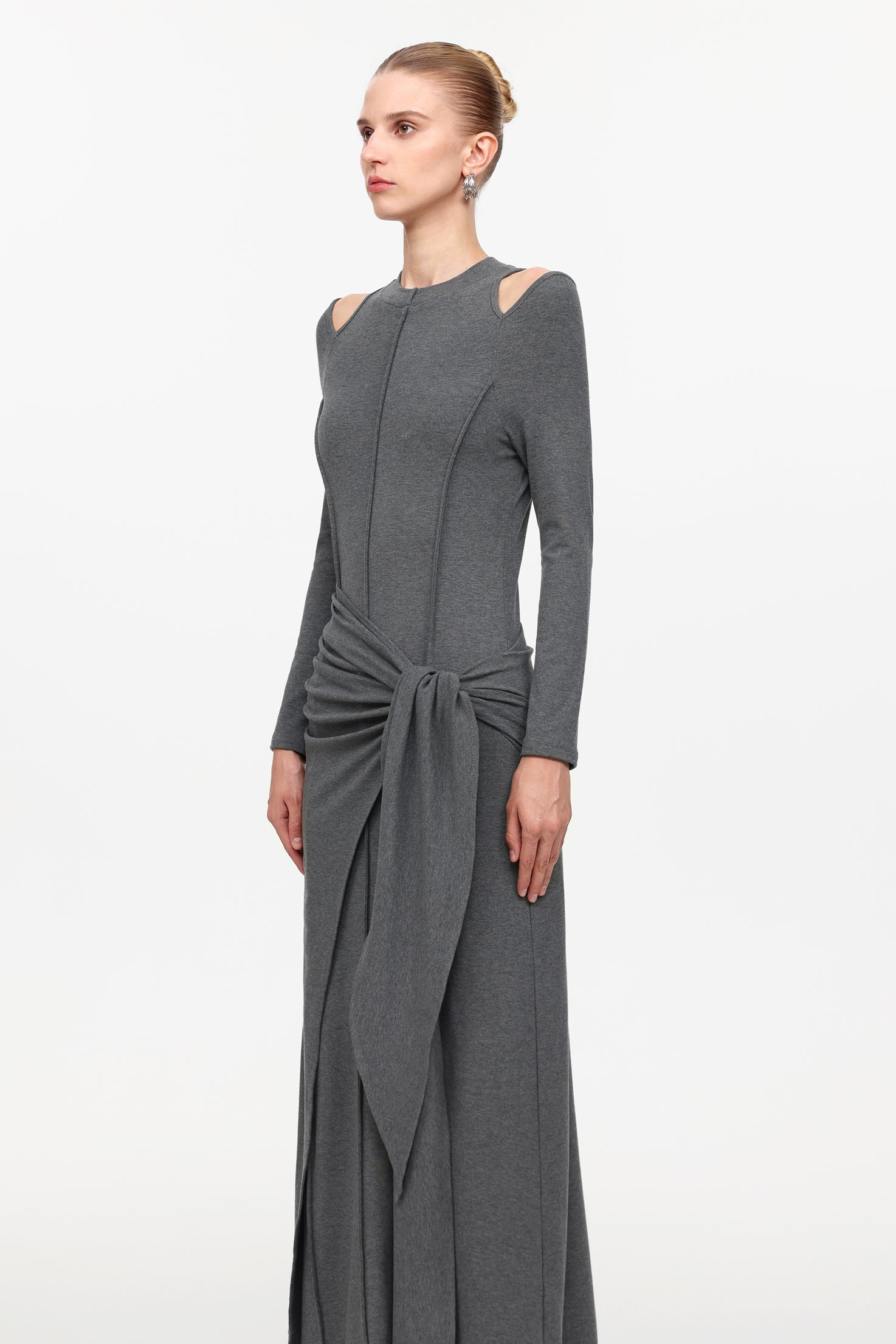 Silas Chic Contour Cut Out Long Sleeve Knot Knit Maxi Dress