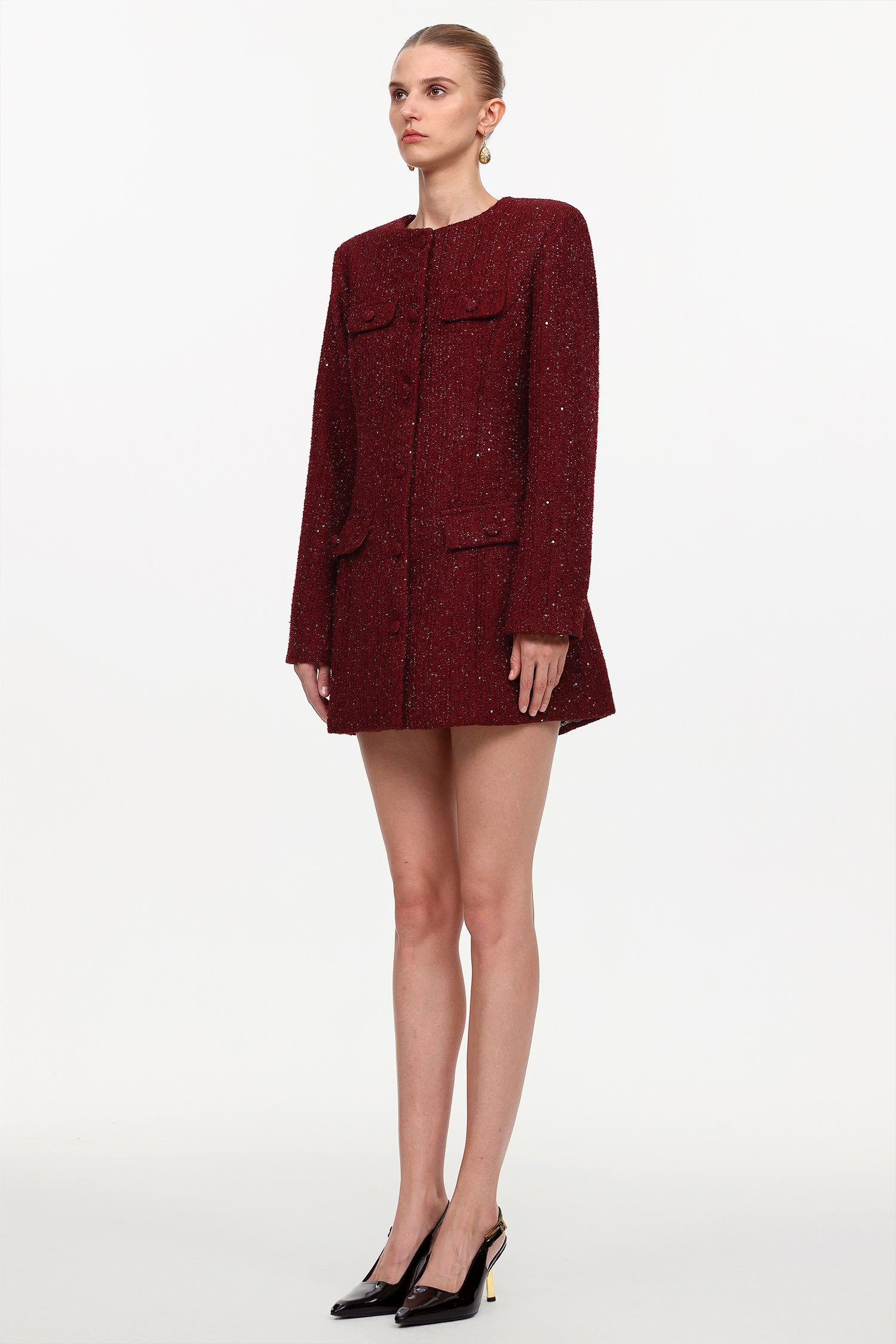 Farera Elegant Cinched Waist Round Neck Long Sleeve Tweed Mini Dress