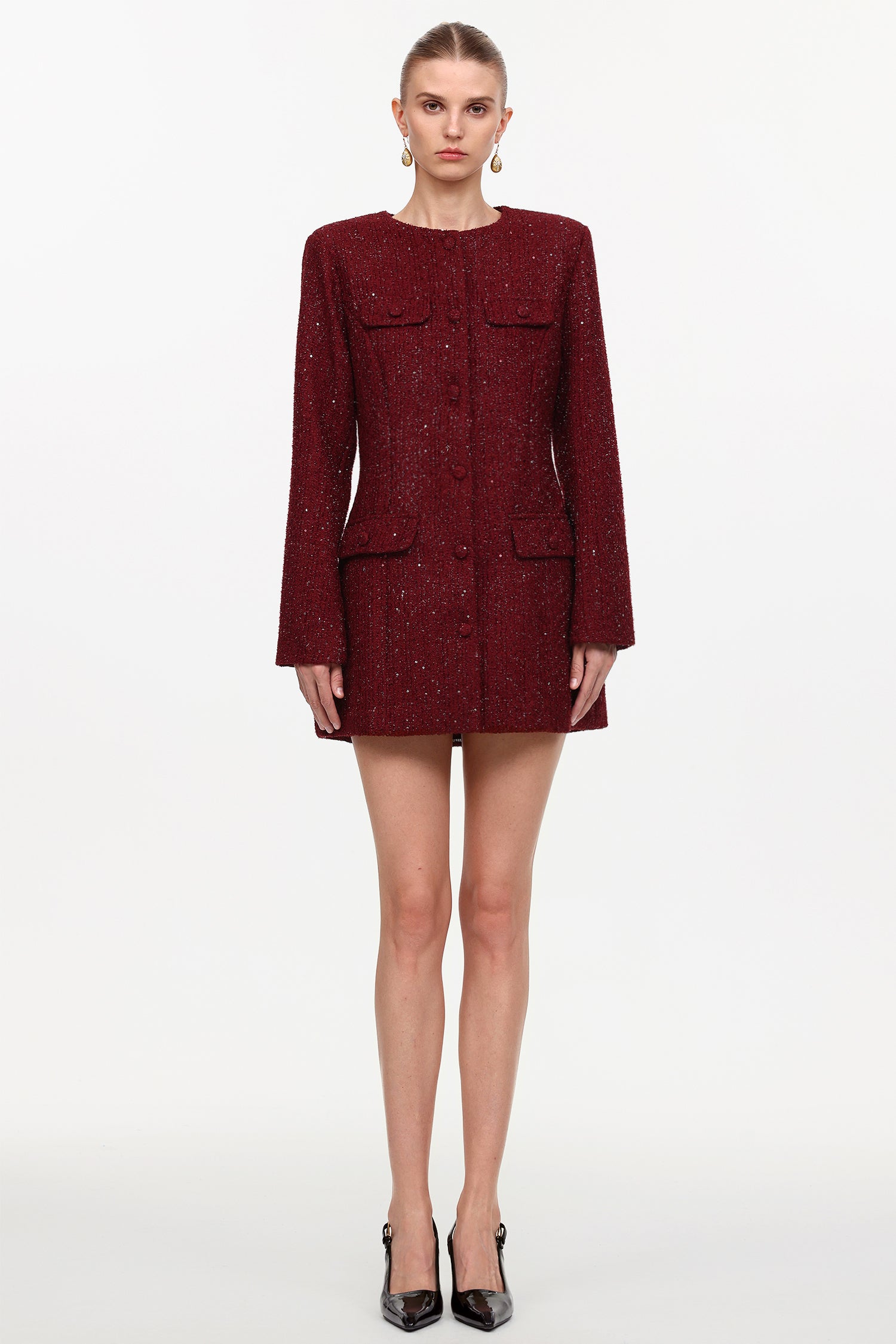 Farera Elegant Cinched Waist Round Neck Long Sleeve Tweed Mini Dress