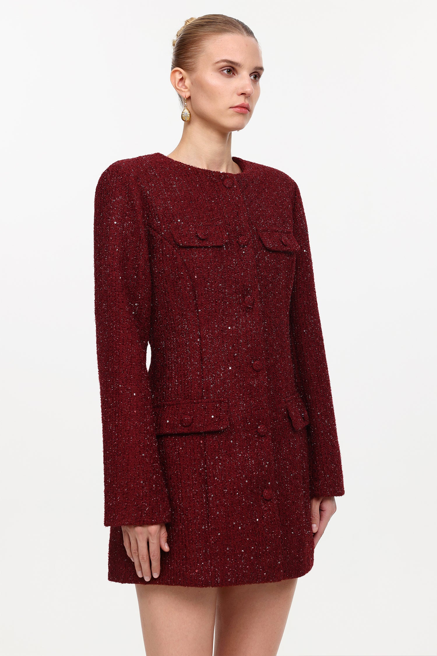 Farera Elegant Cinched Waist Round Neck Long Sleeve Tweed Mini Dress