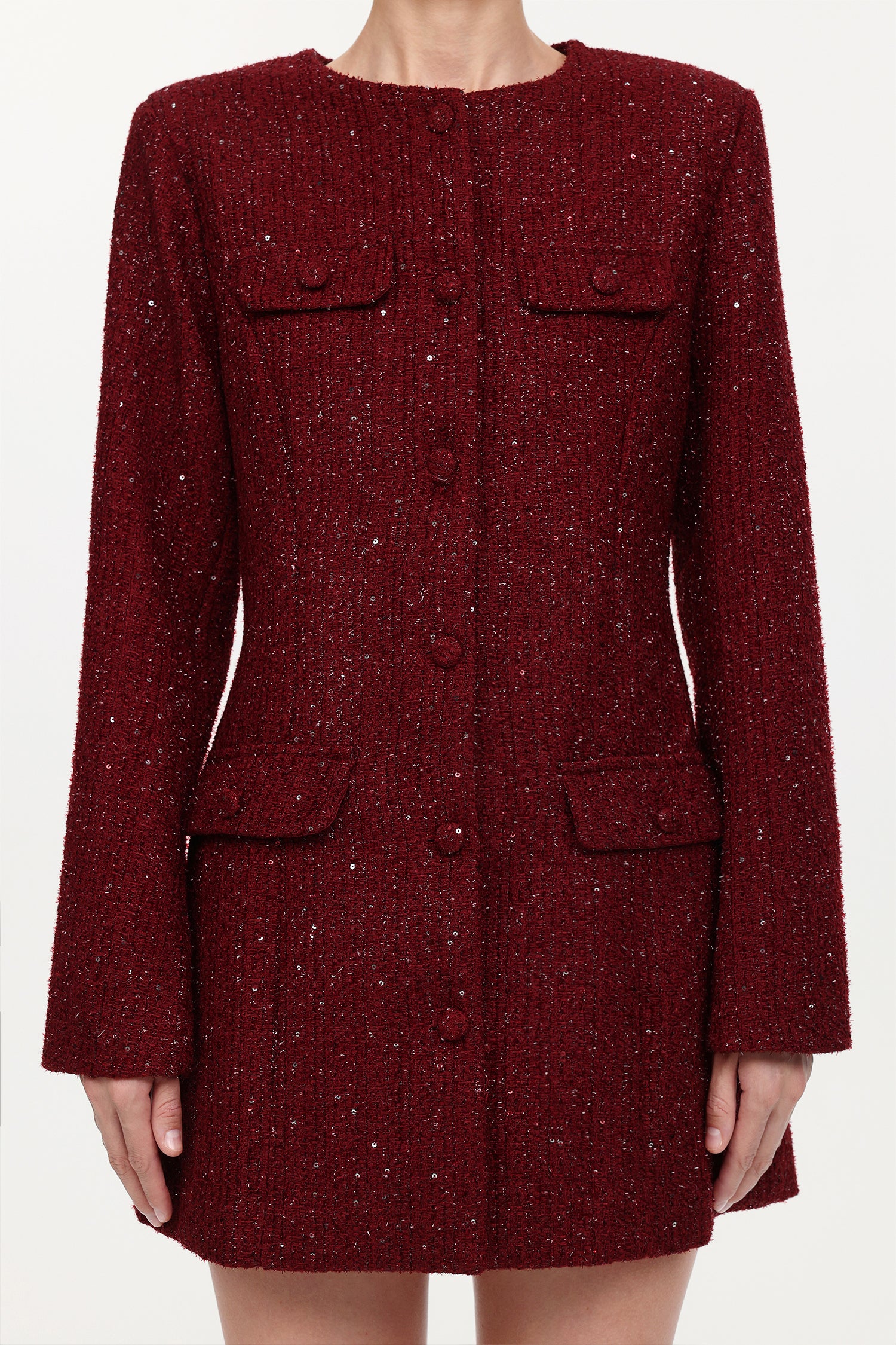 Farera Elegant Cinched Waist Round Neck Long Sleeve Tweed Mini Dress