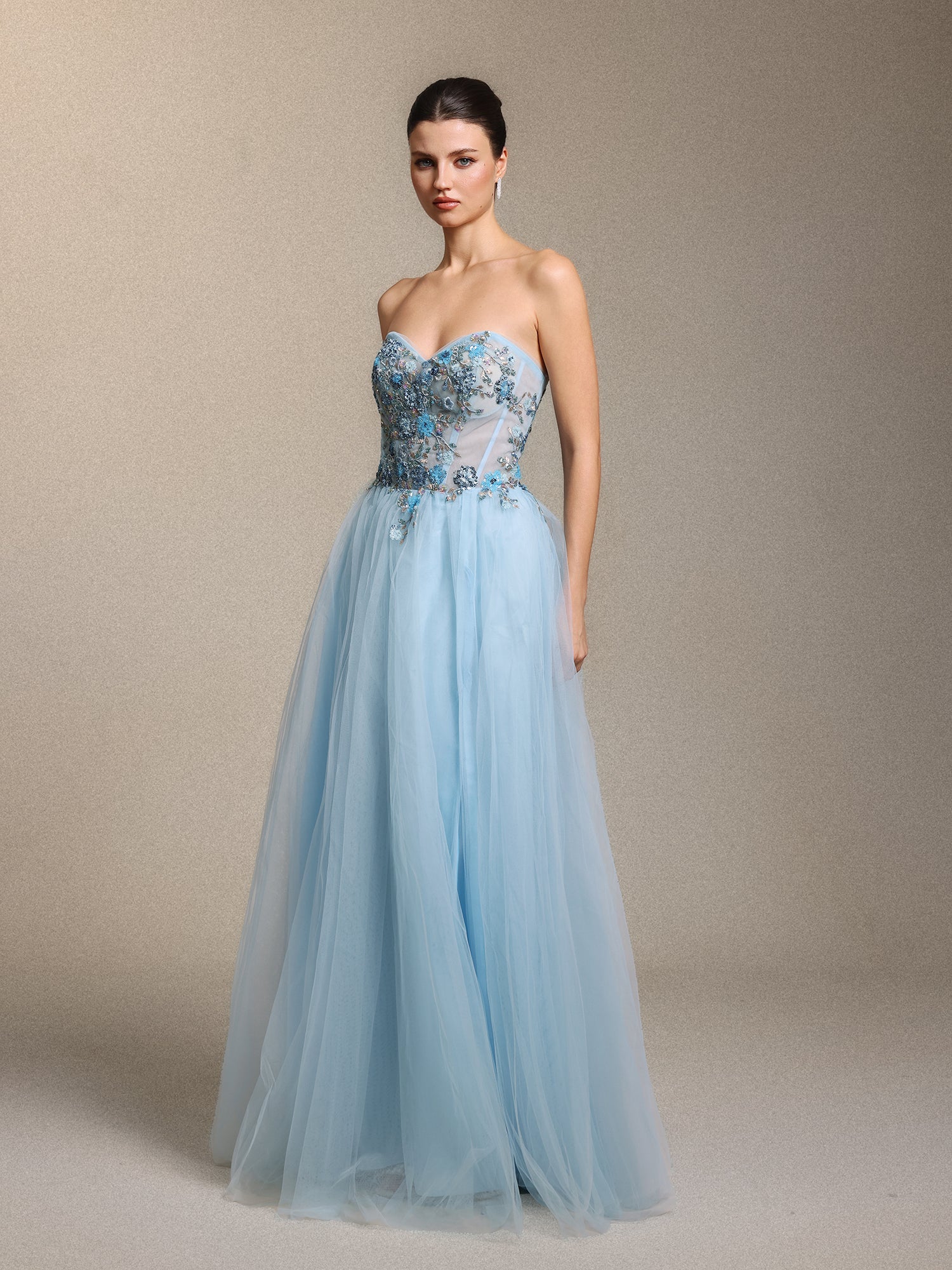 Geraldine Chic Strapless Floral Applique Side Slit Blue Tulle Maxi Dress
