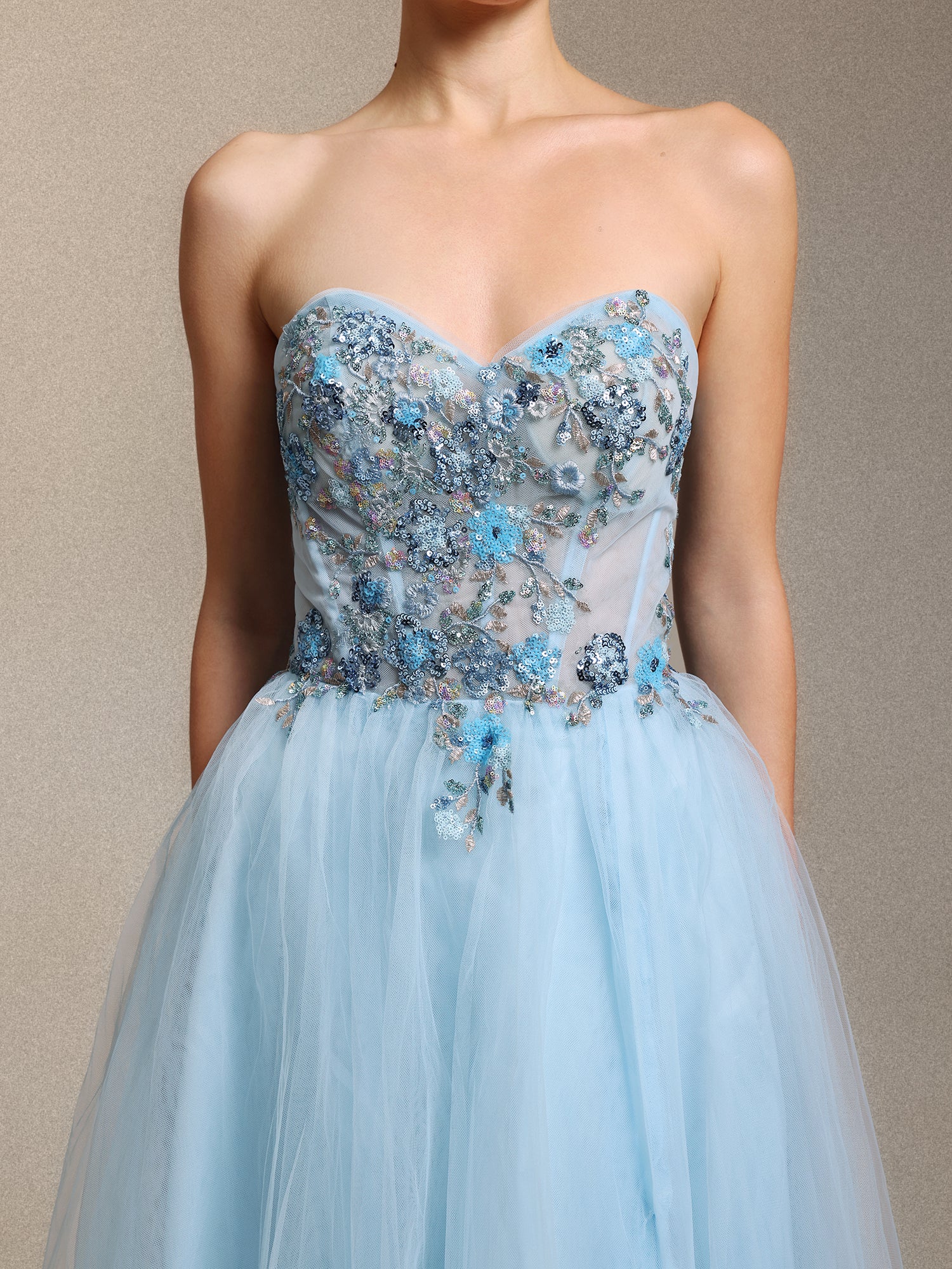 Geraldine Chic Strapless Floral Applique Side Slit Blue Tulle Maxi Dress