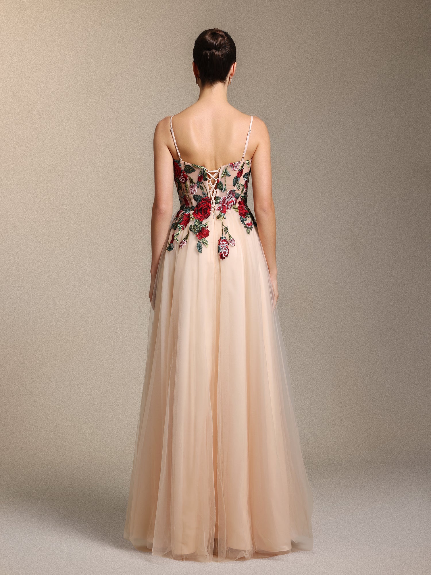 Keve Elegant Strapless Floral Applique Tulle Maxi Dress