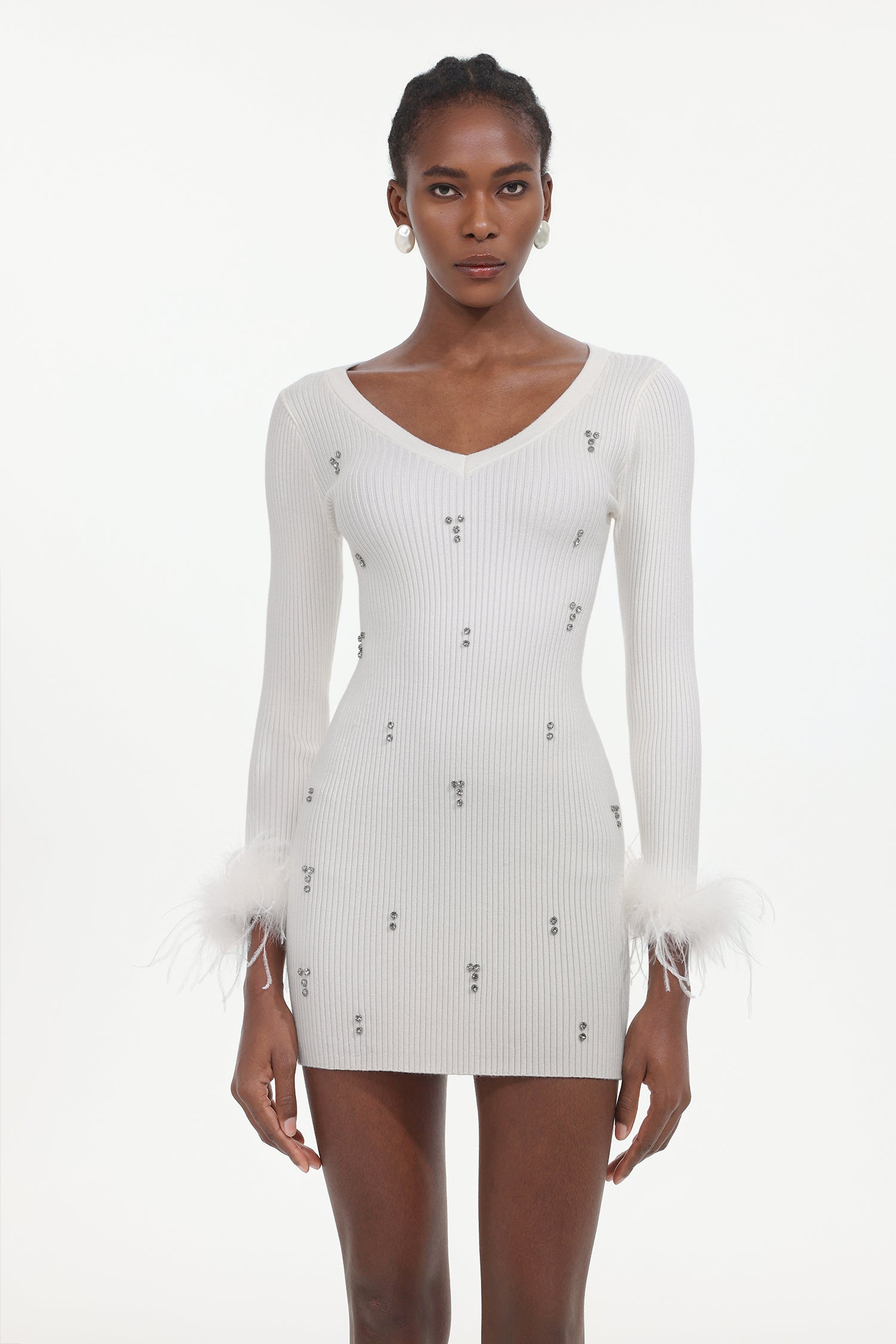 Moua Elegant Contour Long Sleeve Rhinestone Feather Knit White Mini Dress