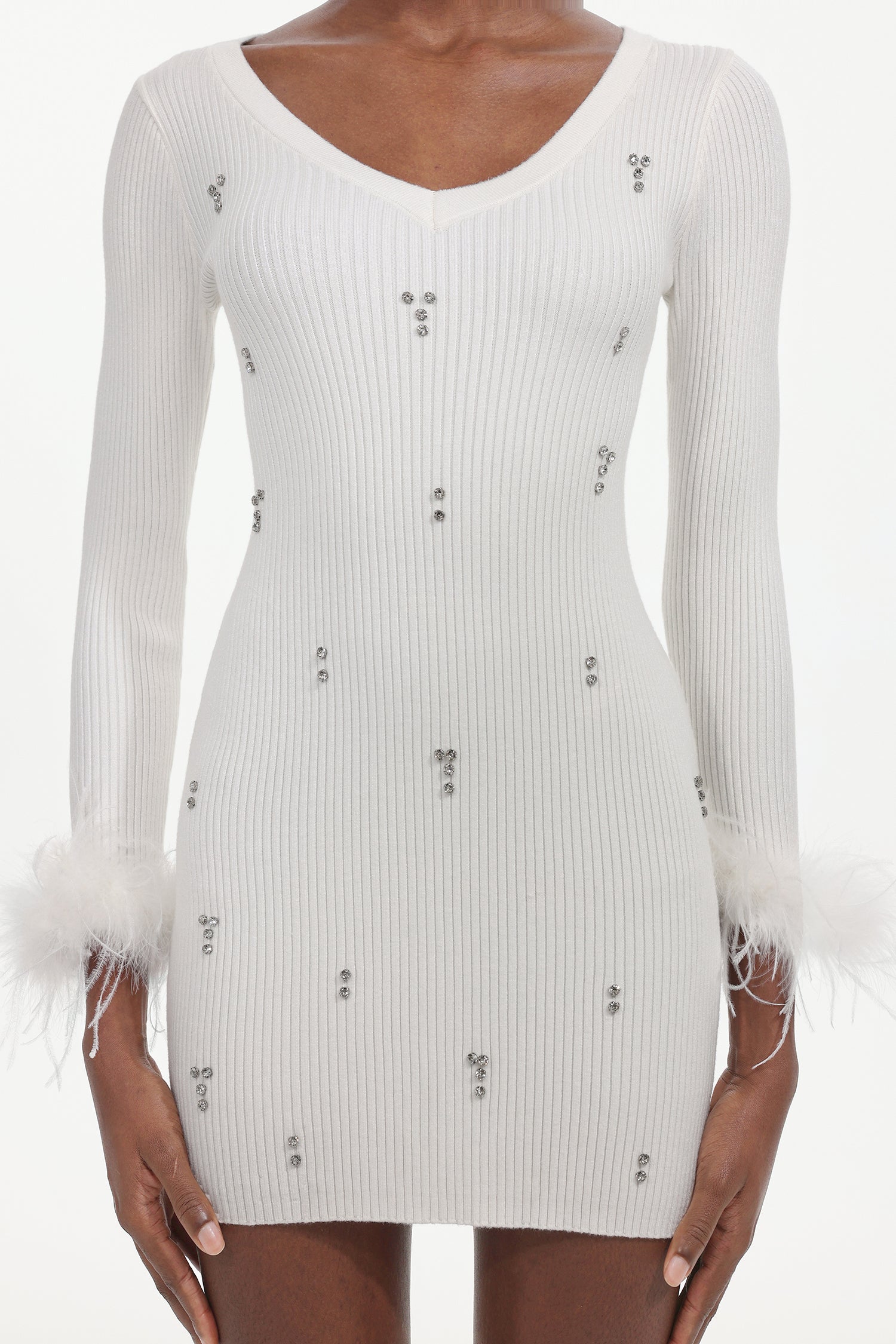 Moua Elegant Contour Long Sleeve Rhinestone Feather Knit White Mini Dress